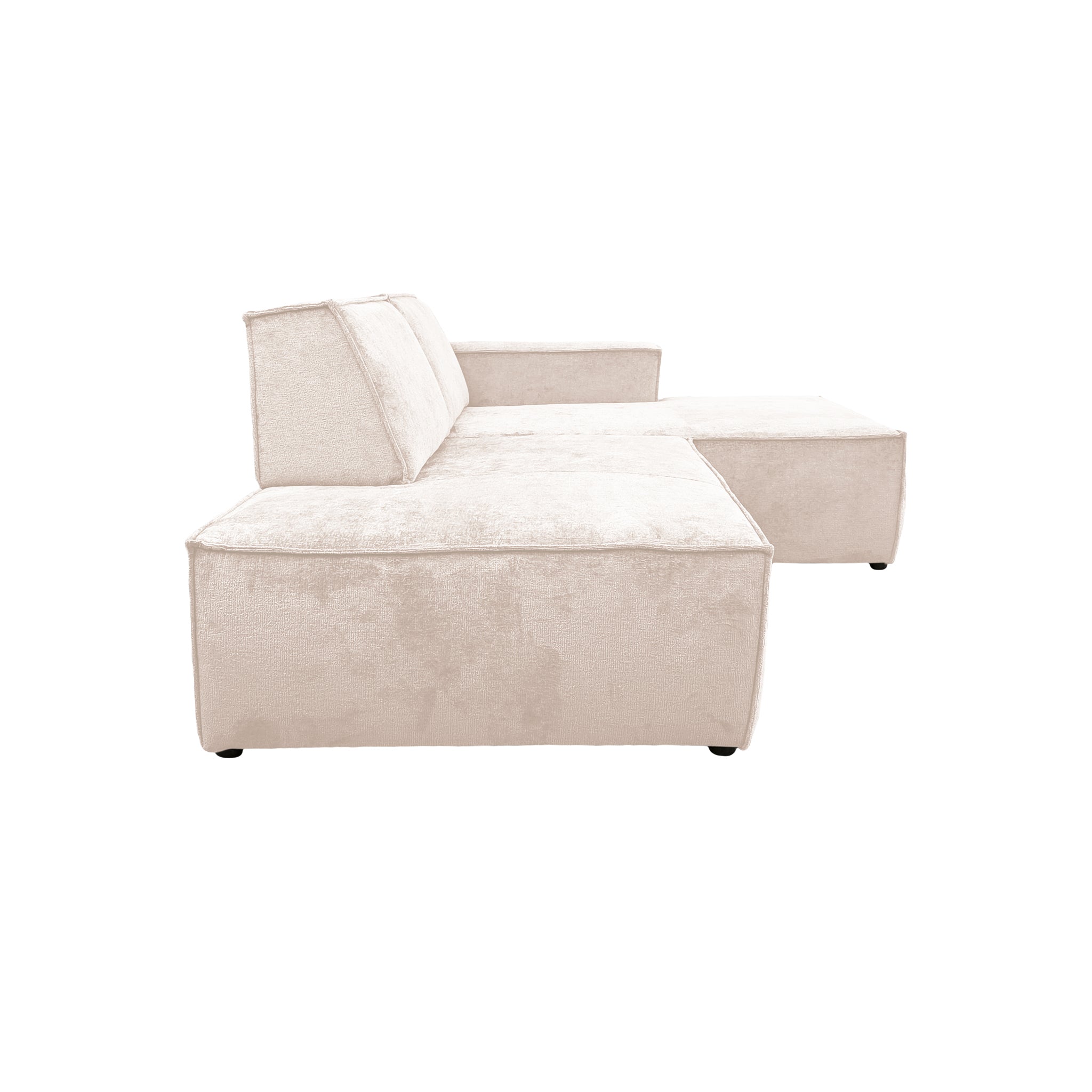 Canapé d’angle droit Prévôt en tissu chenille beige Paname Avenue, vue de profil sur fond blanc