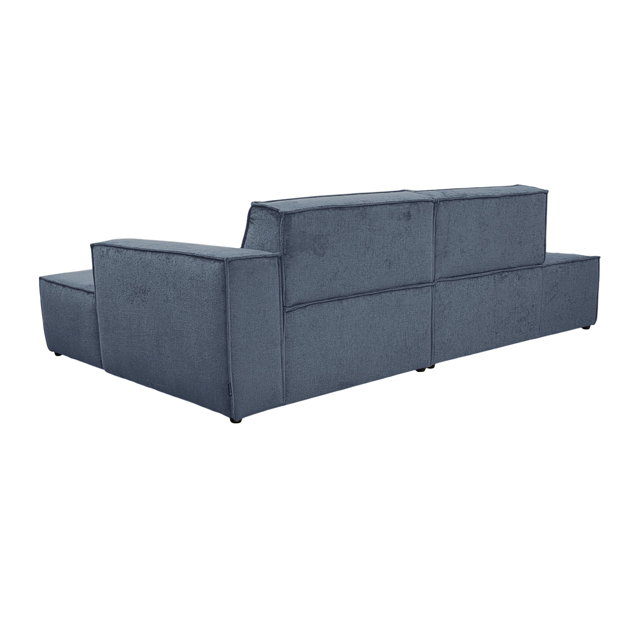 Canapé d’angle droit Prévôt en tissu chenille bleu Paname Avenue, vue trois-quarts de dos sur fond blanc