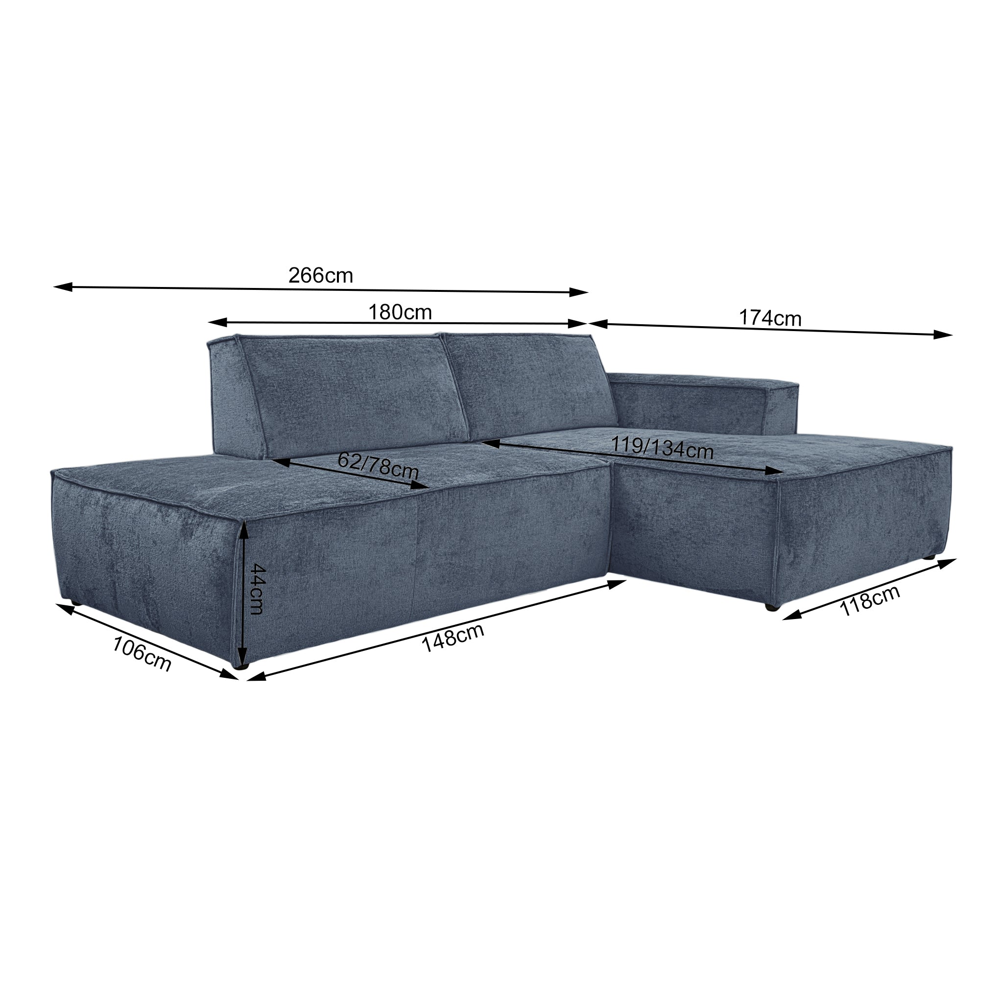 Canapé d’angle droit Prévôt en tissu chenille bleu Paname Avenue, schéma des dimensions