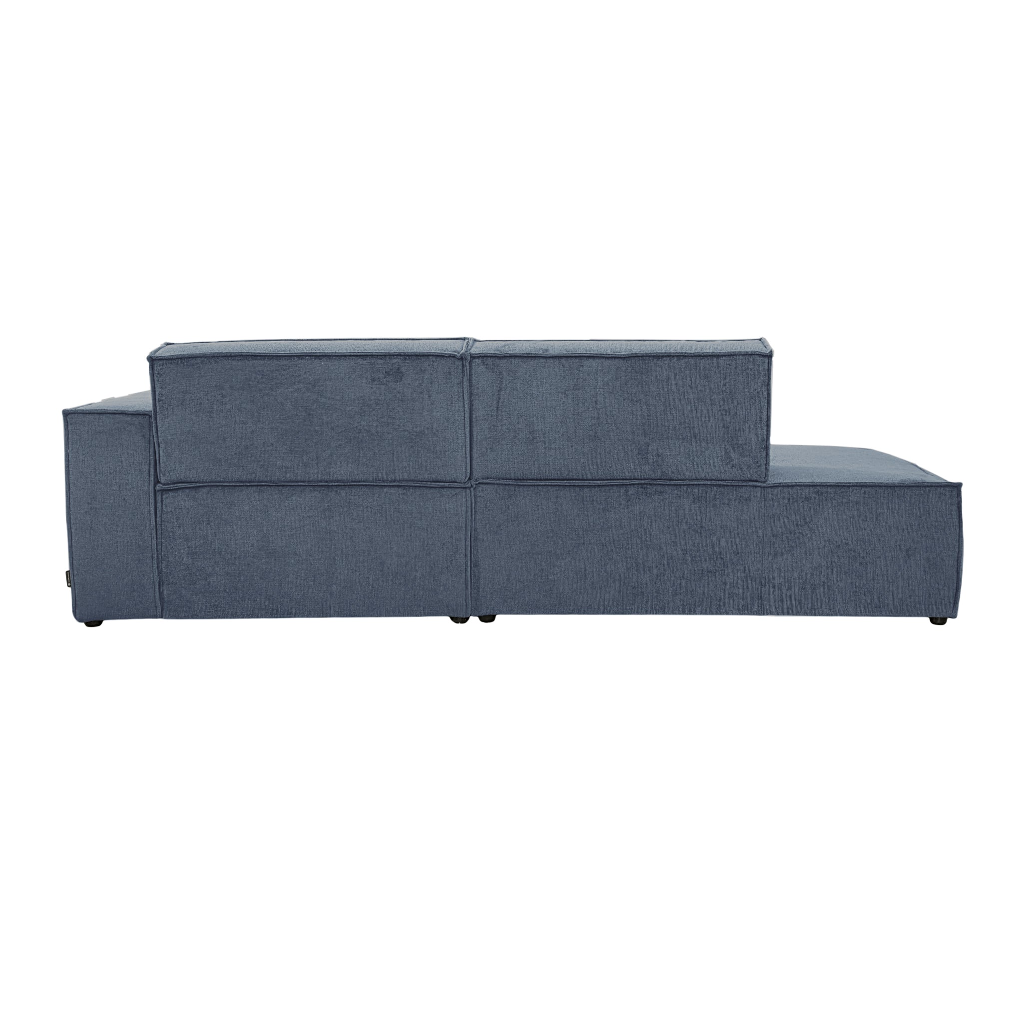 Canapé d’angle droit Prévôt en tissu chenille bleu Paname Avenue, vue arrière sur fond blanc
