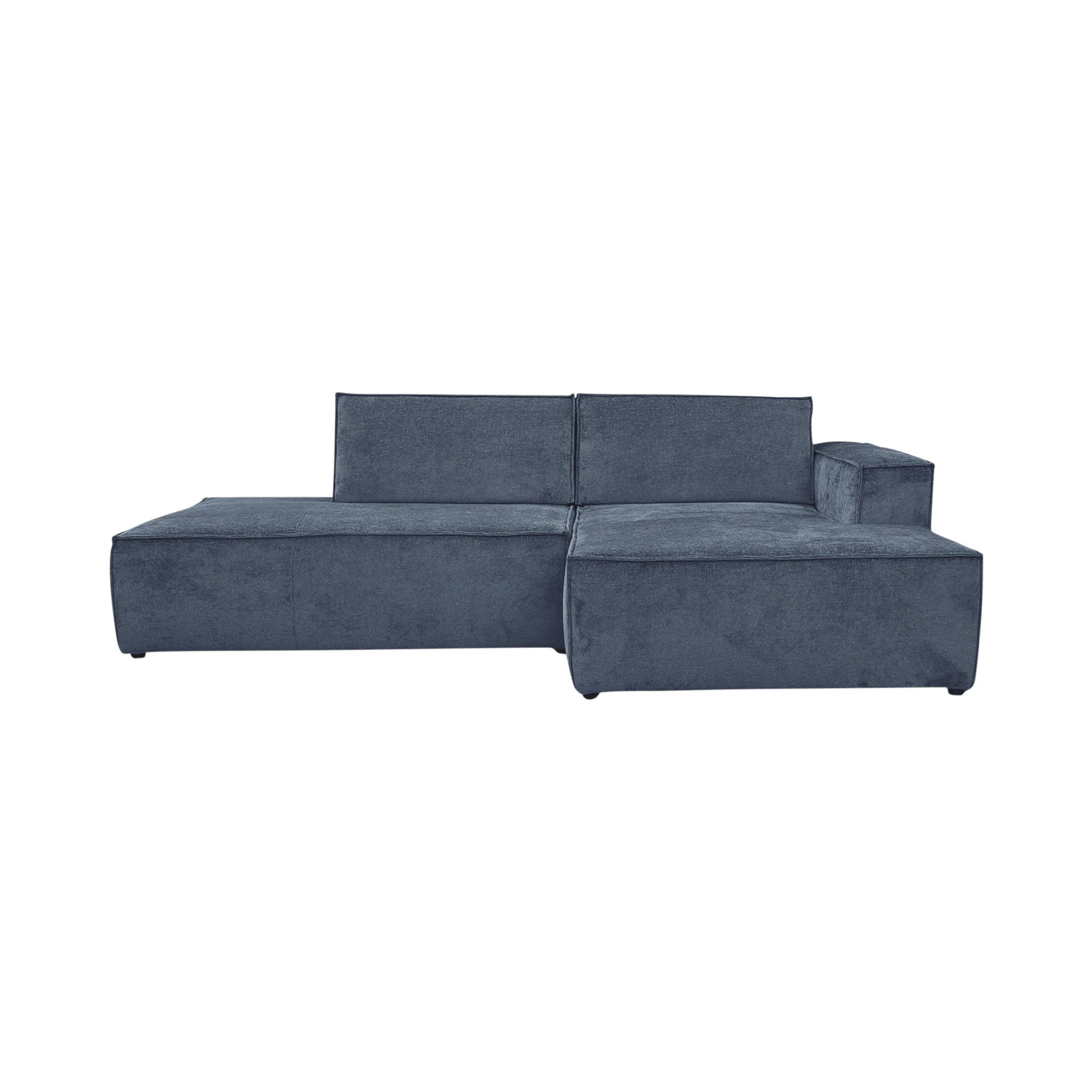 Canapé d’angle droit Prévôt en tissu chenille bleu Paname Avenue, vue de face sur fond blanc