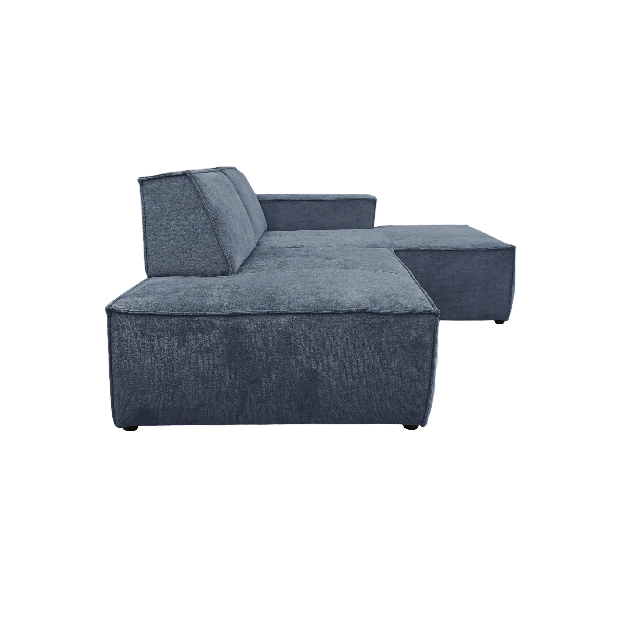 Canapé d’angle droit Prévôt en tissu chenille bleu Paname Avenue, vue de profil sur fond blanc