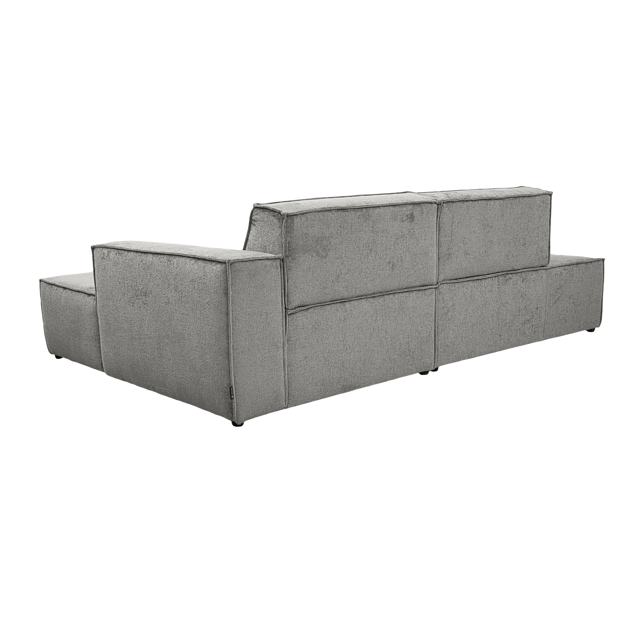 Canapé d’angle droit Prévôt en tissu chenille gris Paname Avenue, vue trois-quarts de dos sur fond blanc