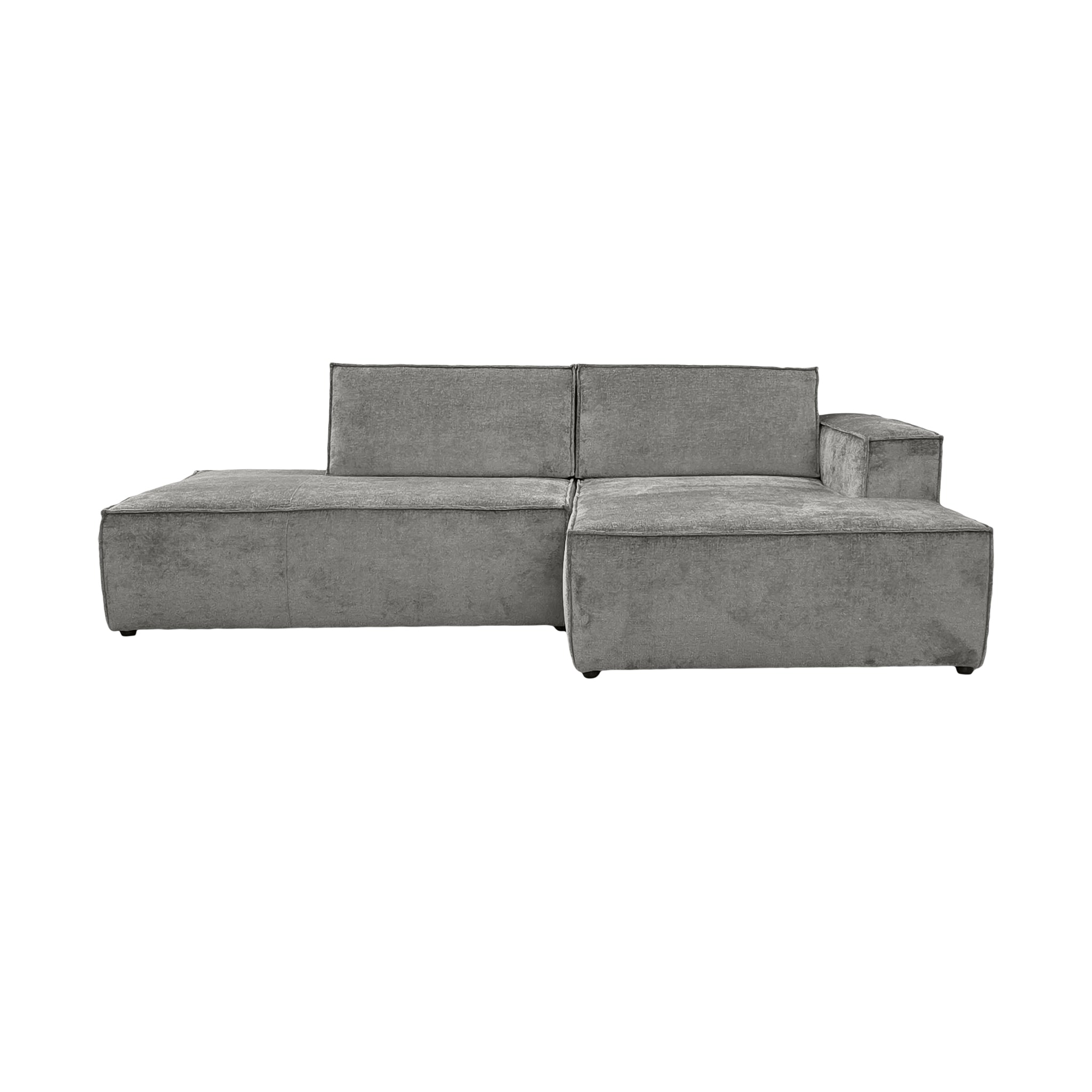 Canapé d’angle droit Prévôt en tissu chenille gris Paname Avenue, vue de face sur fond blanc