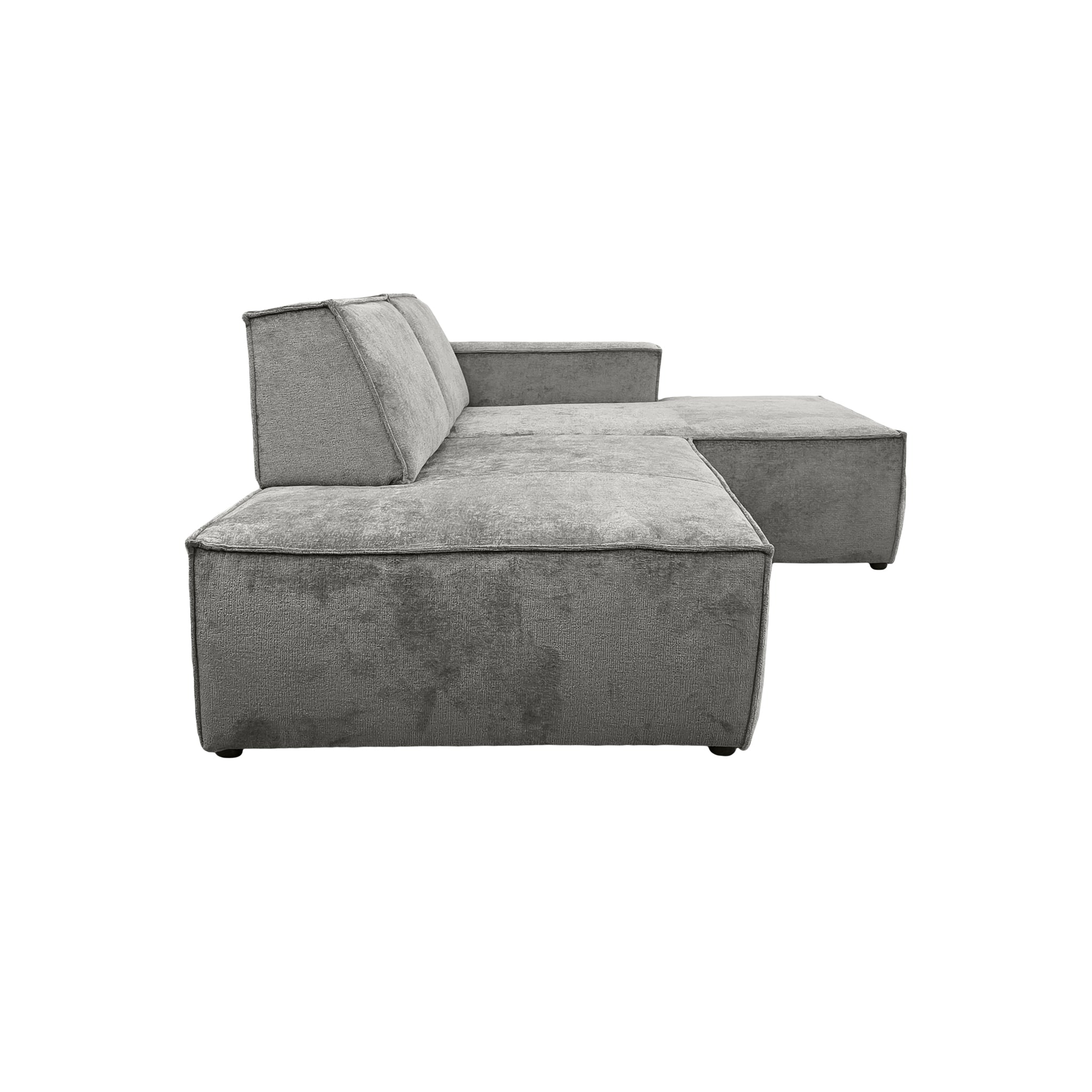 Canapé d’angle droit Prévôt en tissu chenille gris Paname Avenue, vue de profil sur fond blanc