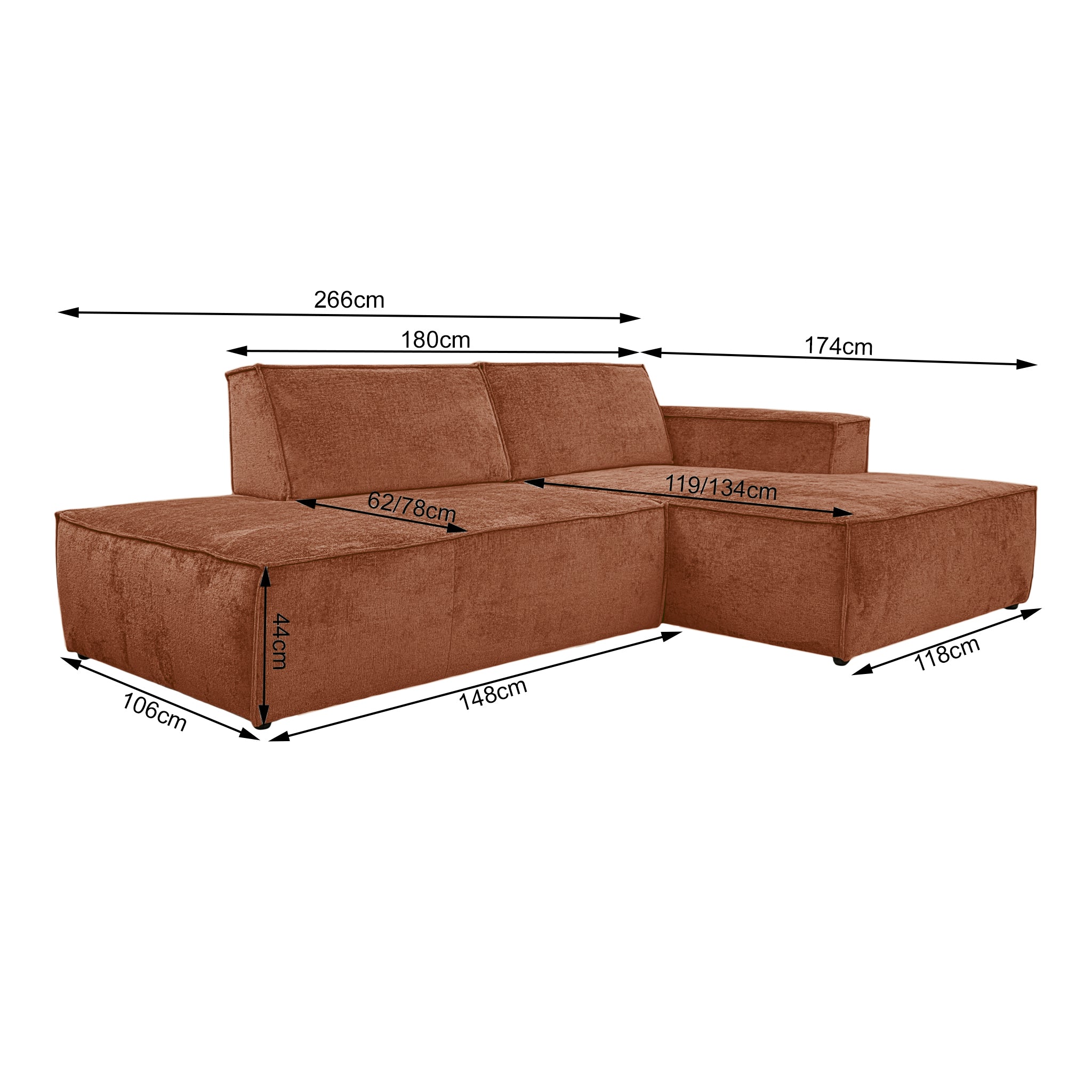 Canapé d’angle droit Prévôt en tissu chenille terracotta Paname Avenue, schéma des dimensions