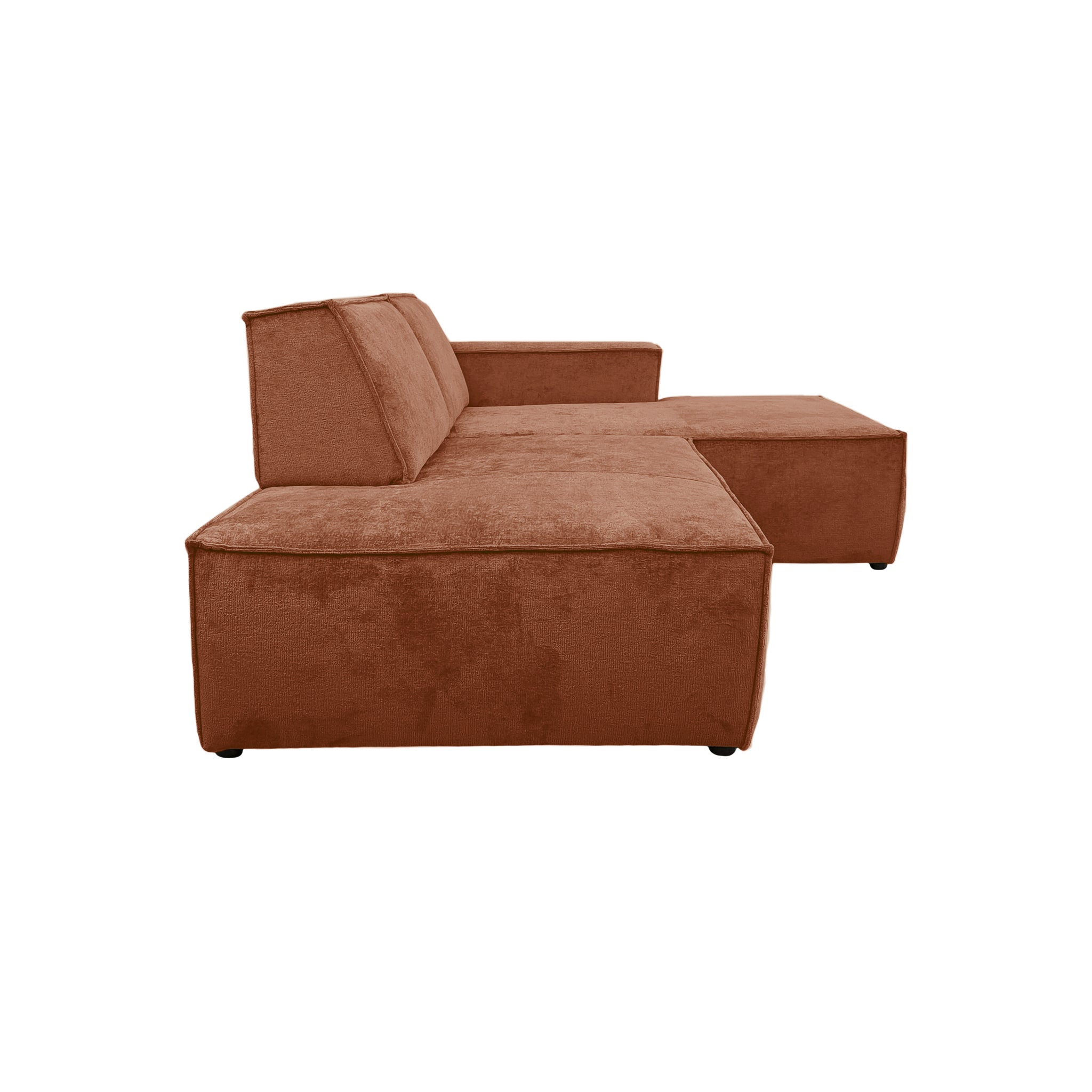 Canapé d’angle droit Prévôt en tissu chenille terracotta Paname Avenue, vue de profil sur fond blanc