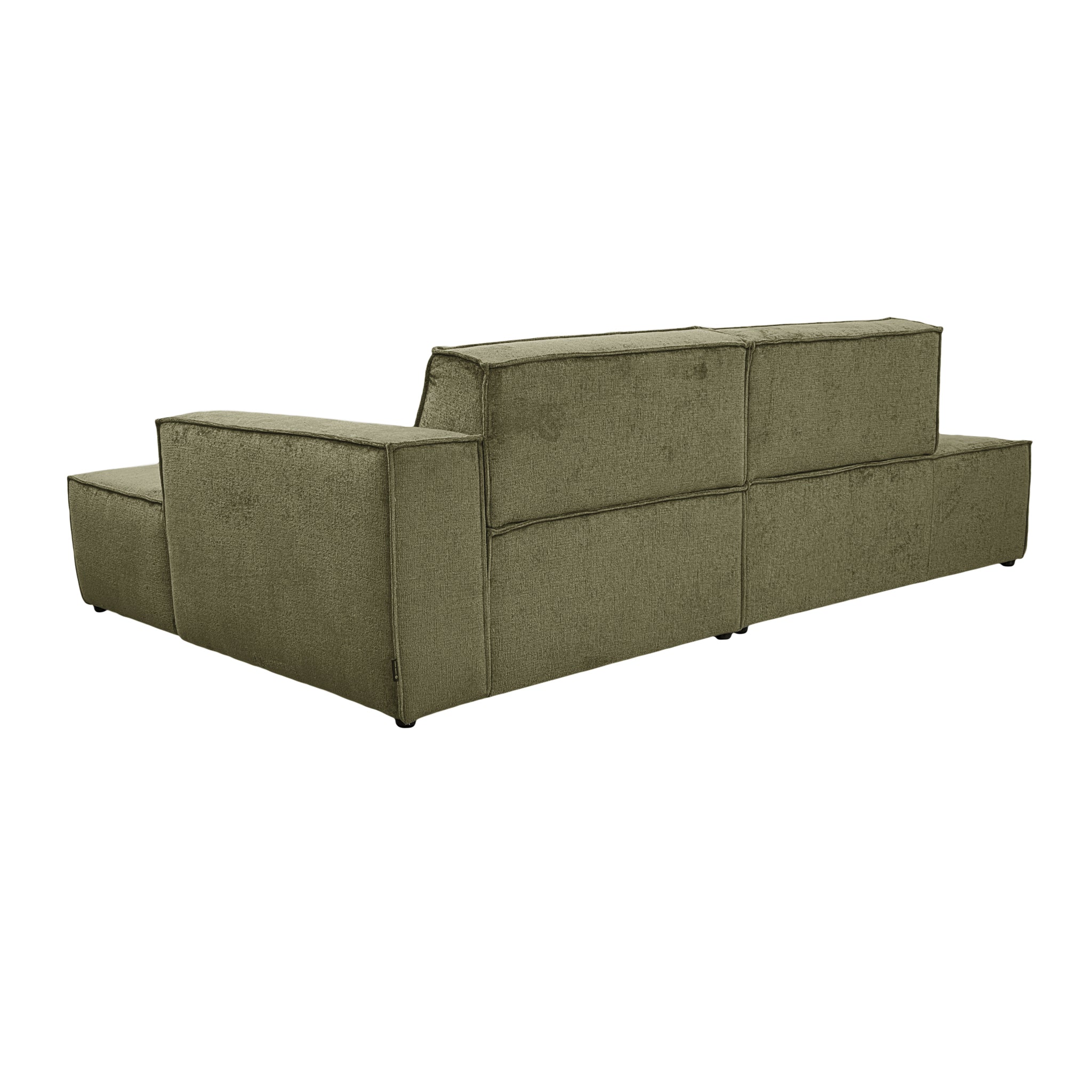 Canapé d’angle droit Prévôt en tissu chenille vert olive Paname Avenue, vue trois-quarts de dos sur fond blanc