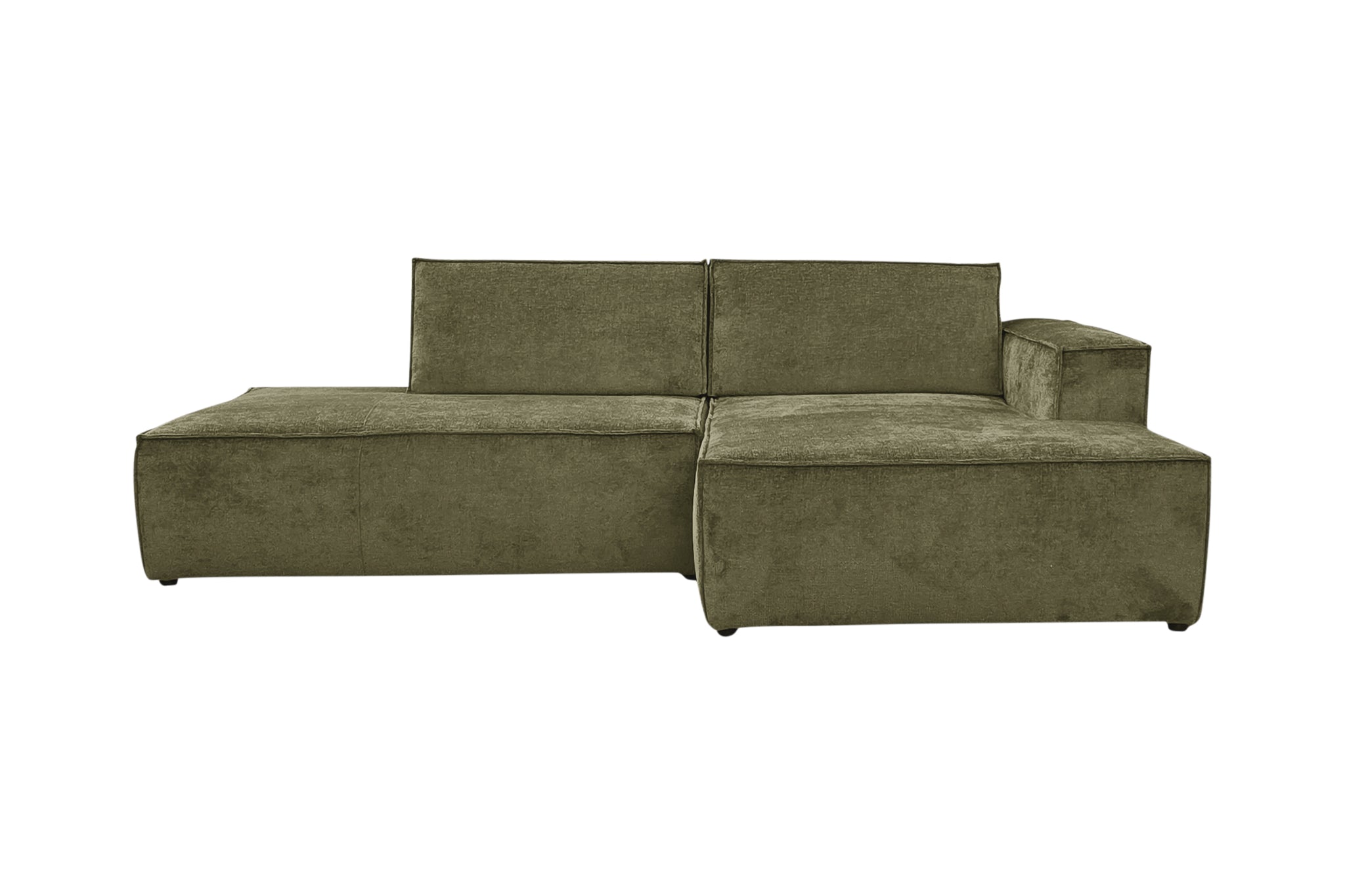 Canapé d’angle droit Prévôt en tissu chenille vert olive Paname Avenue, vue de face sur fond blanc