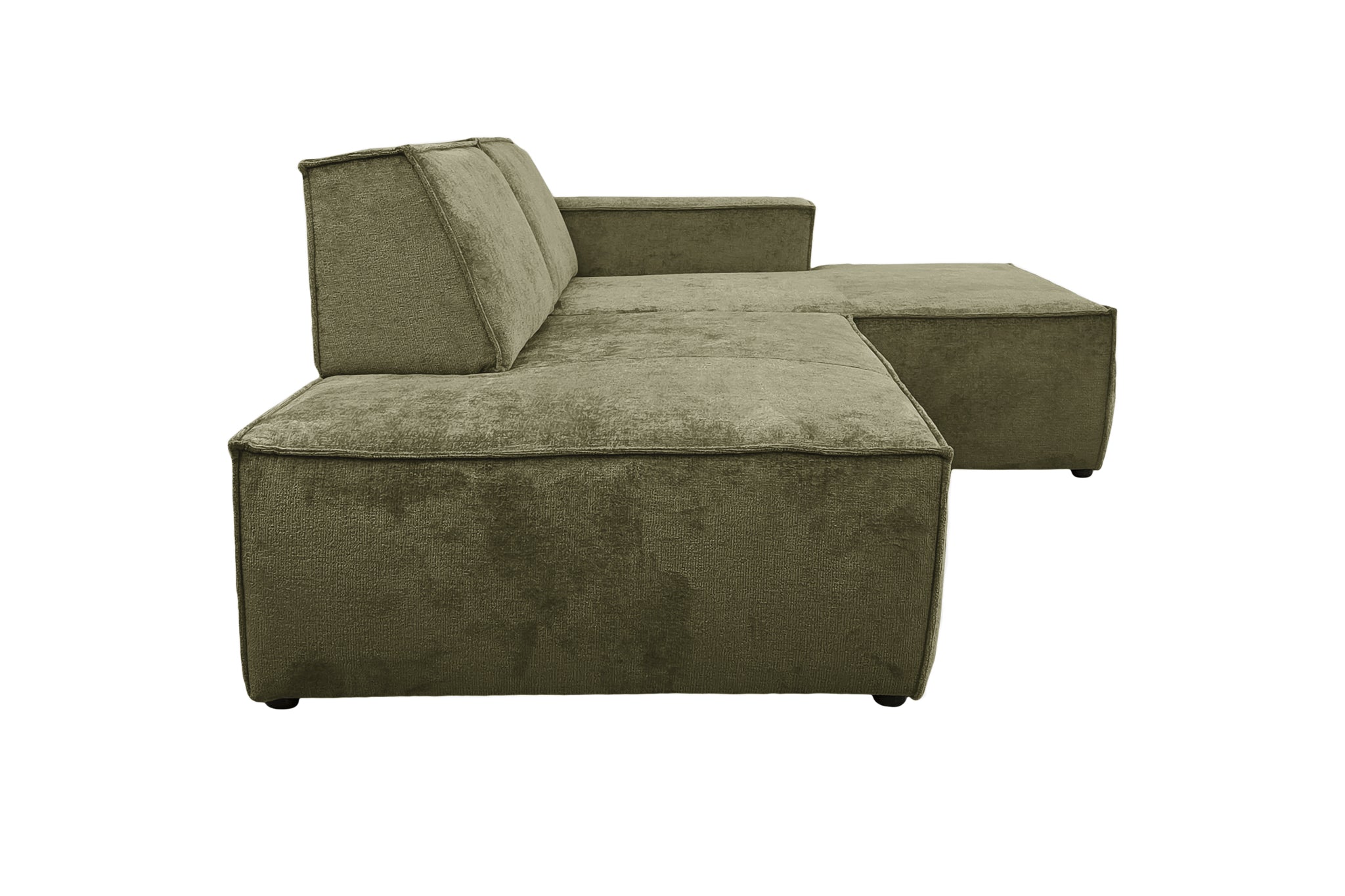 Canapé d’angle droit Prévôt en tissu chenille vert olive Paname Avenue, vue de profil sur fond blanc