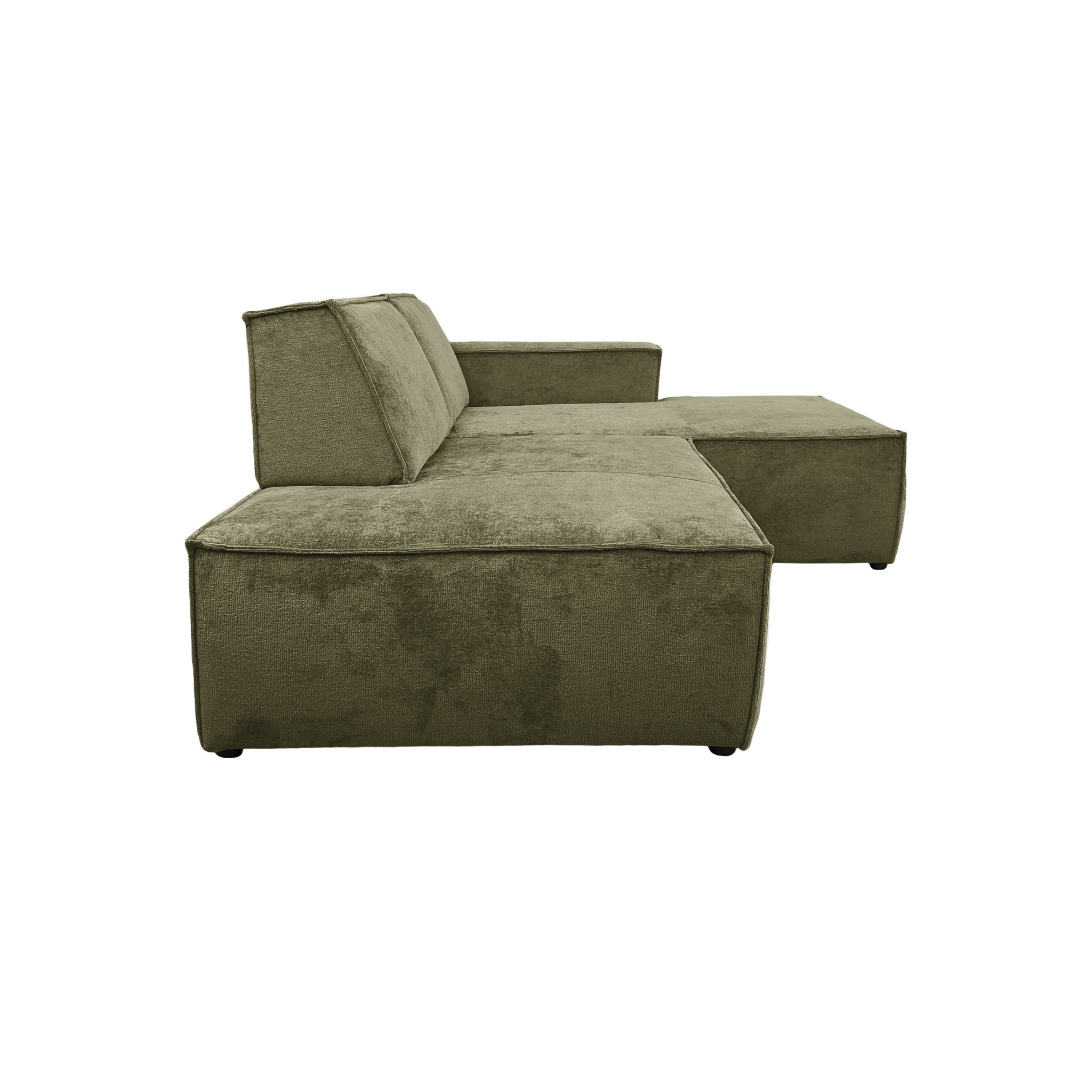 Canapé d’angle droit Prévôt en tissu chenille vert olive Paname Avenue, vue de profil sur fond blanc