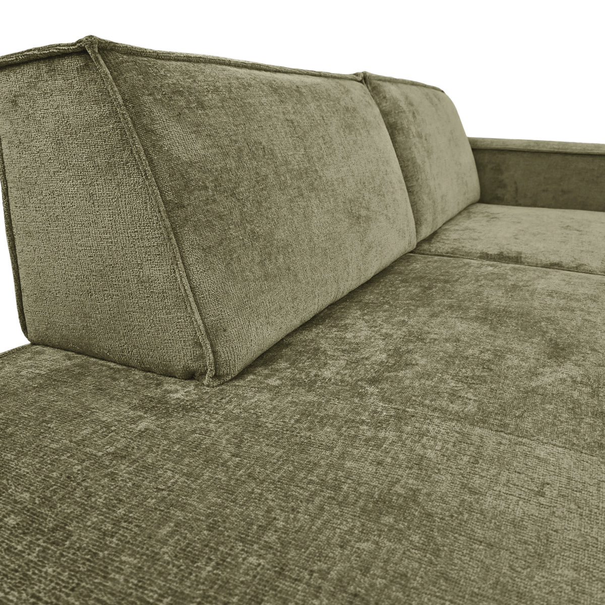 Canapé d’angle droit Prévôt en tissu chenille vert olive Paname Avenue, zoom sur le revêtement