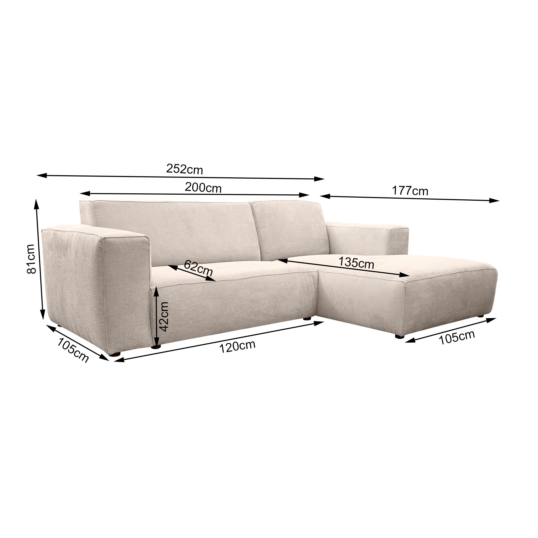 Canapé d’angle droit Roi-de-Sicile en tissu chenille beige Paname Avenue, schéma des dimensions