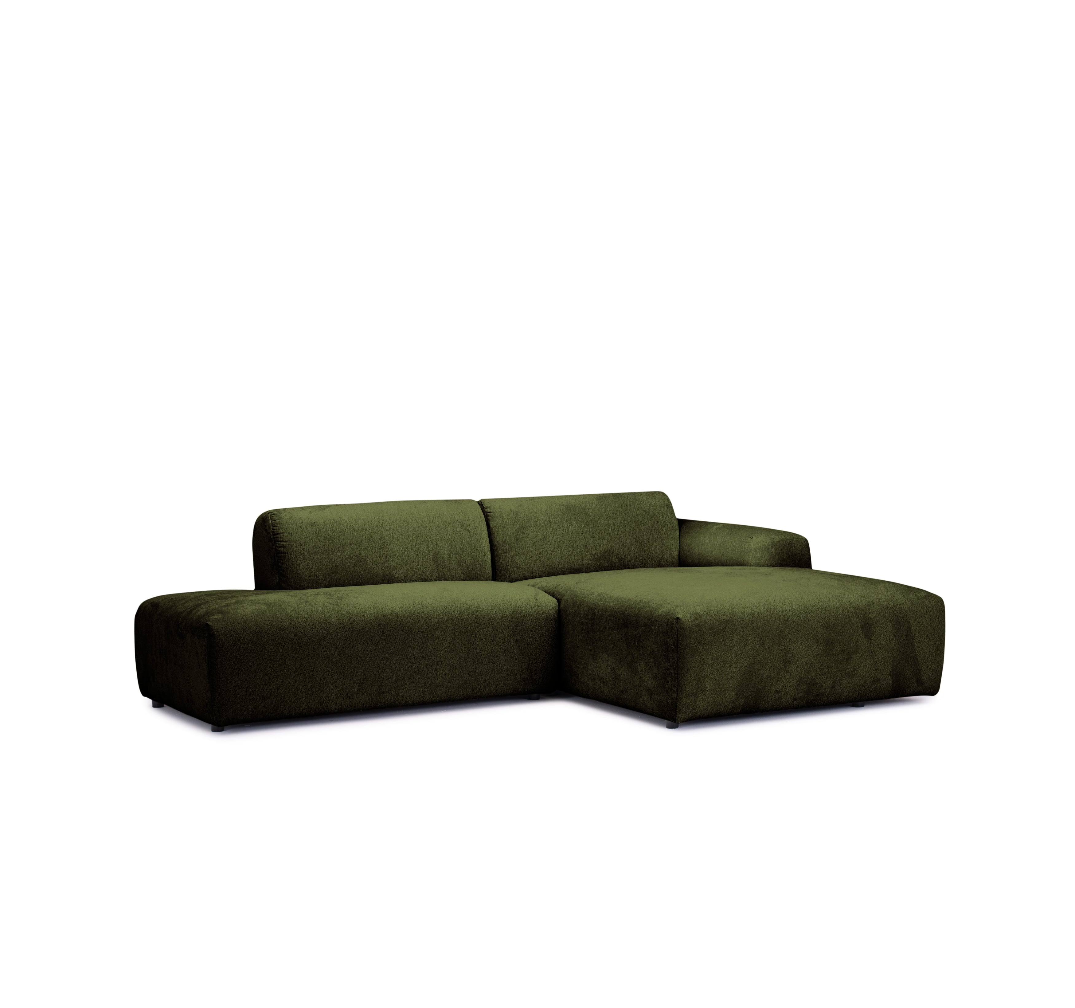 Canapé d’angle droit Temple en tissu chenille vert olive Paname Avenue, vue trois-quarts sur fond blanc