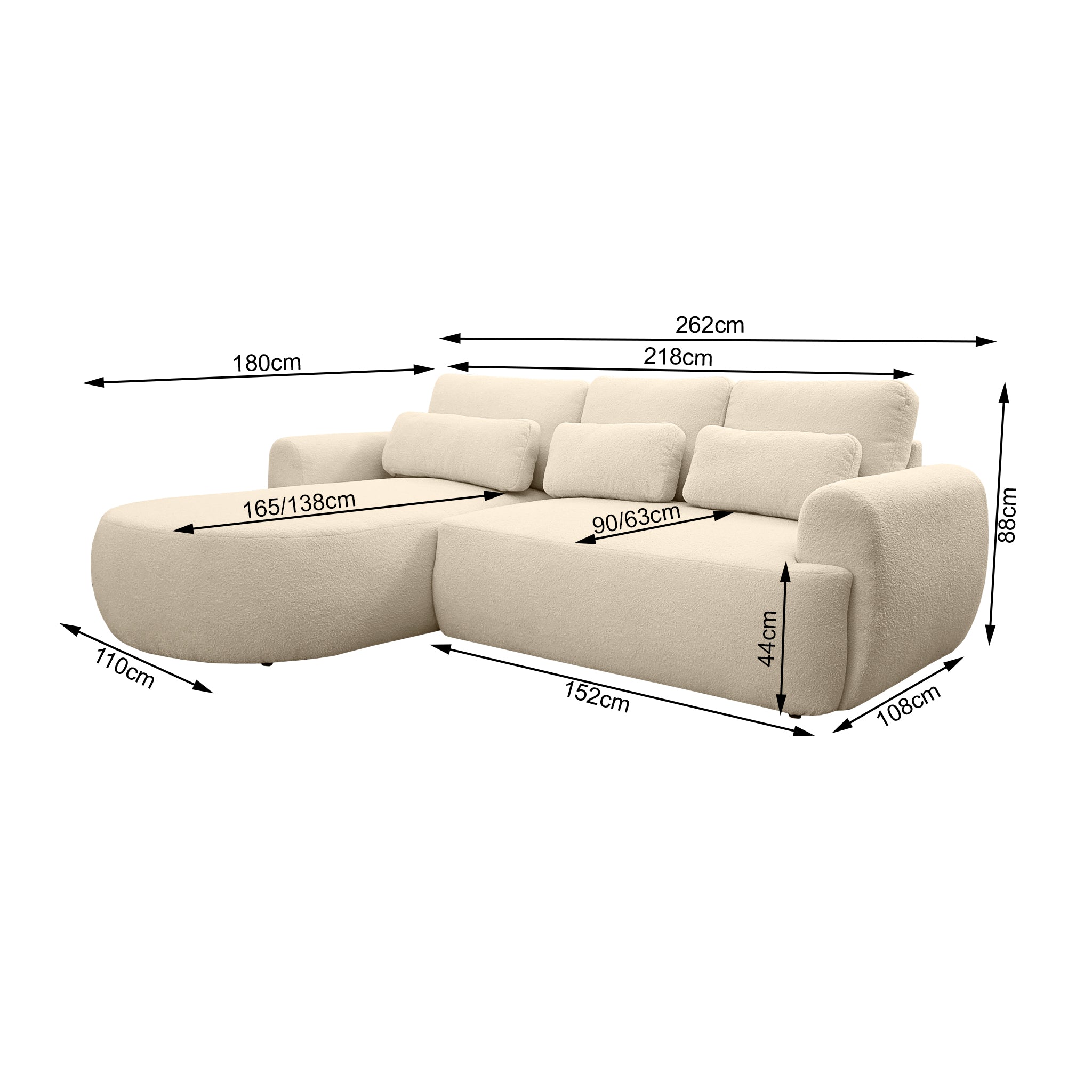 Canapé d'angle gauche Aboukir en tissu bouclette beige Paname Avenue, schéma des dimensions