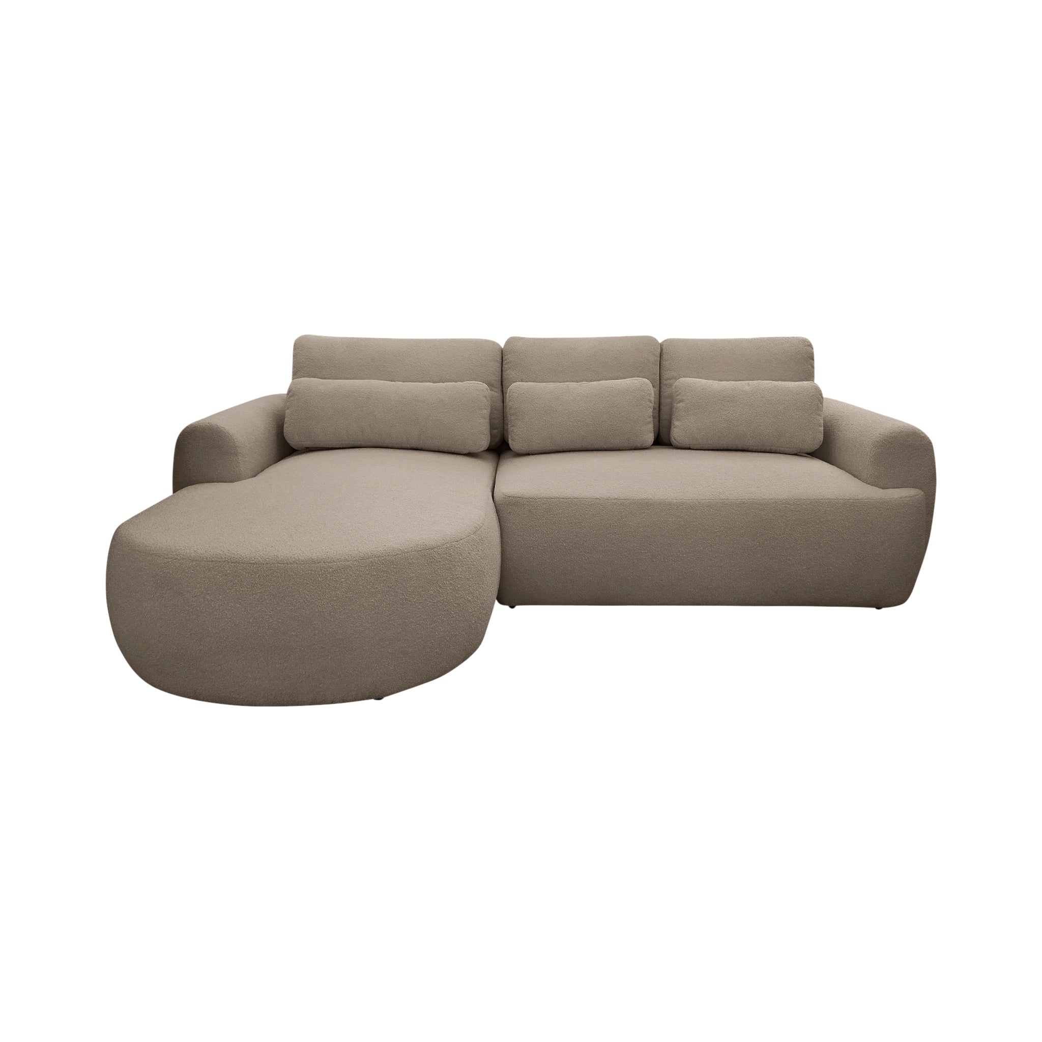 Canapé d'angle gauche Aboukir en tissu bouclette taupe Paname Avenue, vue de face sur fond blanc