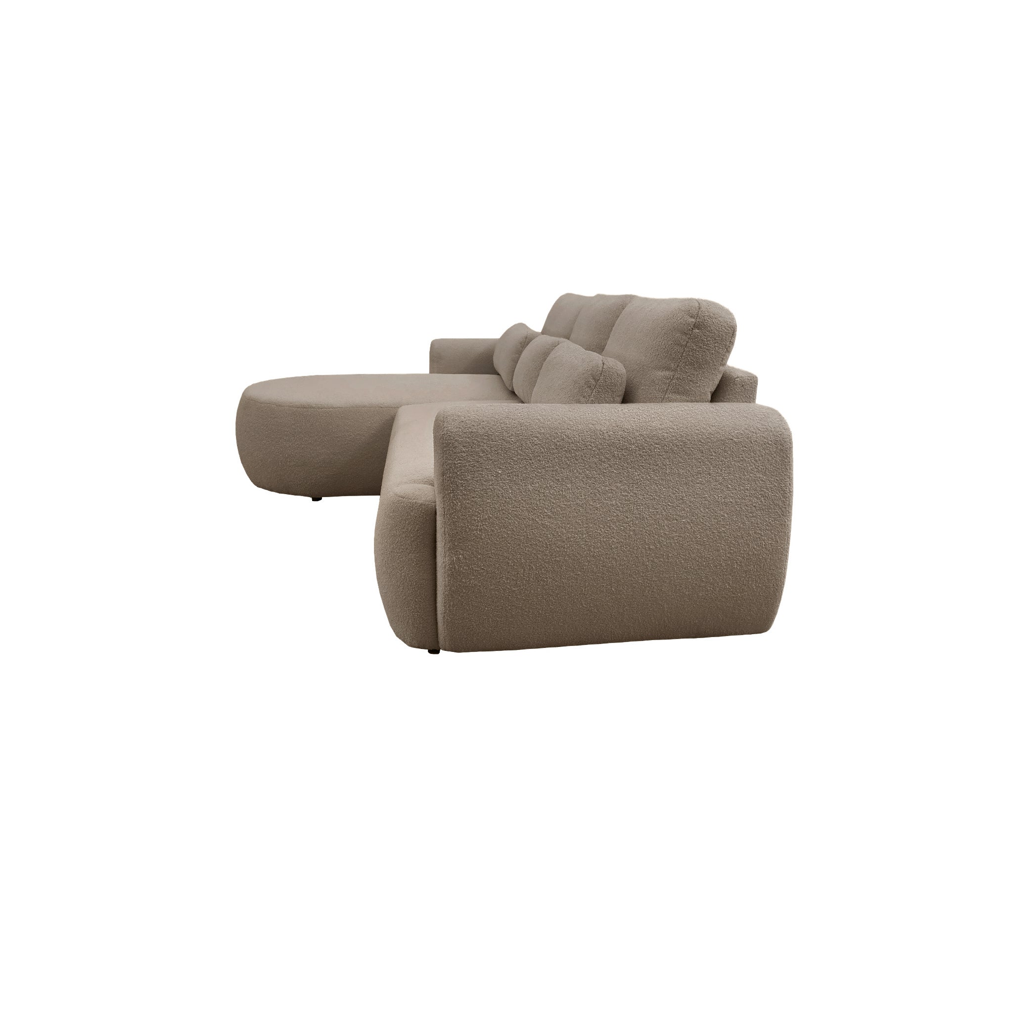 Canapé d'angle gauche Aboukir en tissu bouclette taupe Paname Avenue, vue de profil sur fond blanc