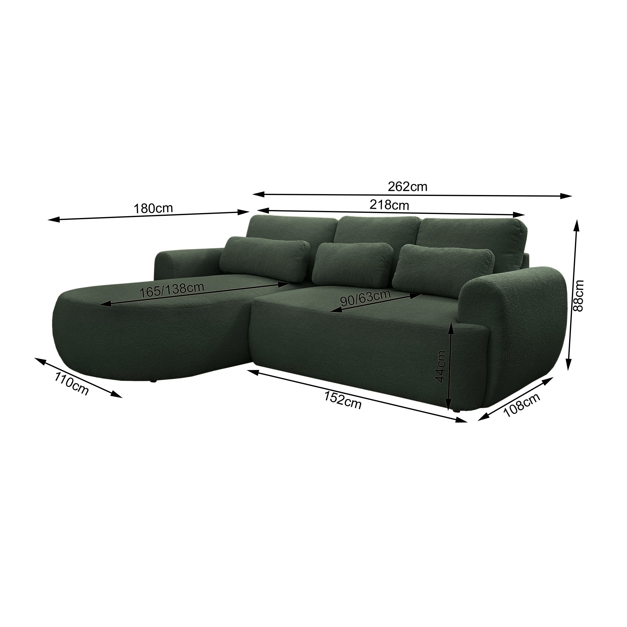 Canapé d'angle gauche Aboukir en tissu bouclette vert Paname Avenue, schéma des dimensions