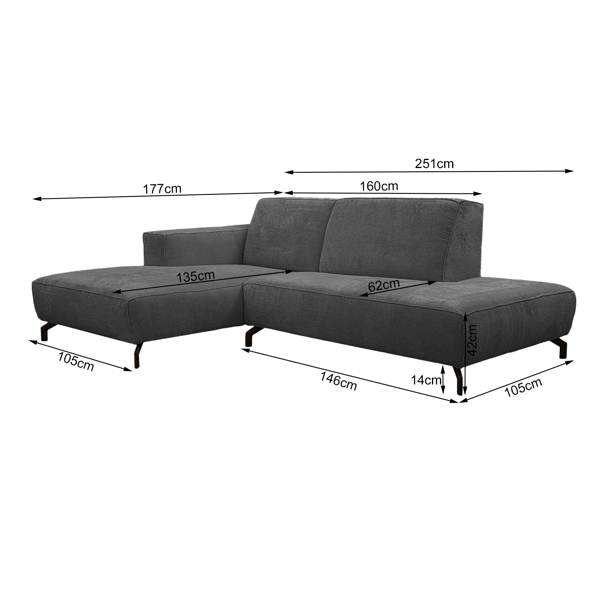 Canapé d’angle gauche Blanche en tissu chenille anthracite Paname Avenue, schéma des dimensions