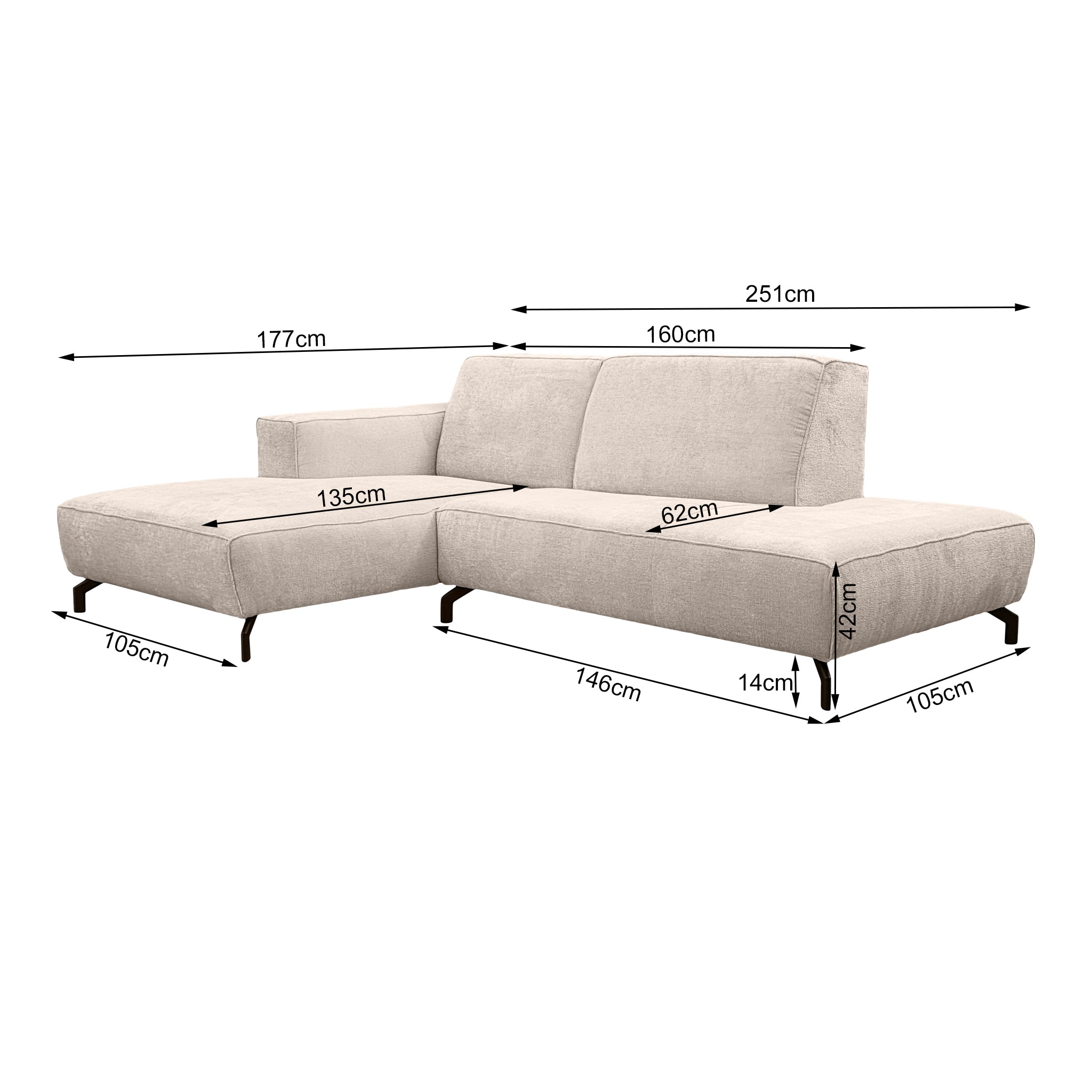 Canapé d’angle gauche Blanche en tissu chenille beige Paname Avenue, schéma des dimensions