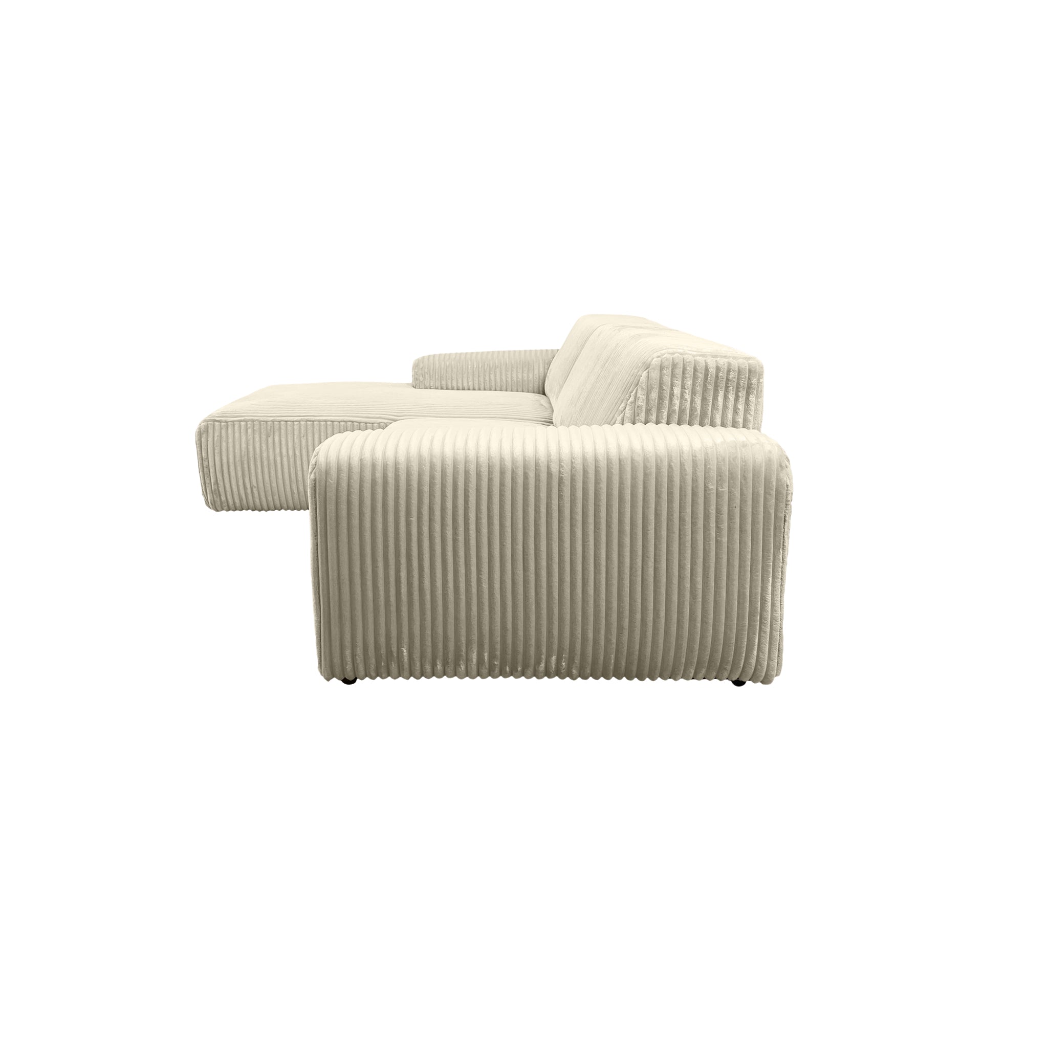 Canapé d’angle gauche Bruxelles en tissu gros velours côtelé beige Paname Avenue, vue de profil sur fond blanc