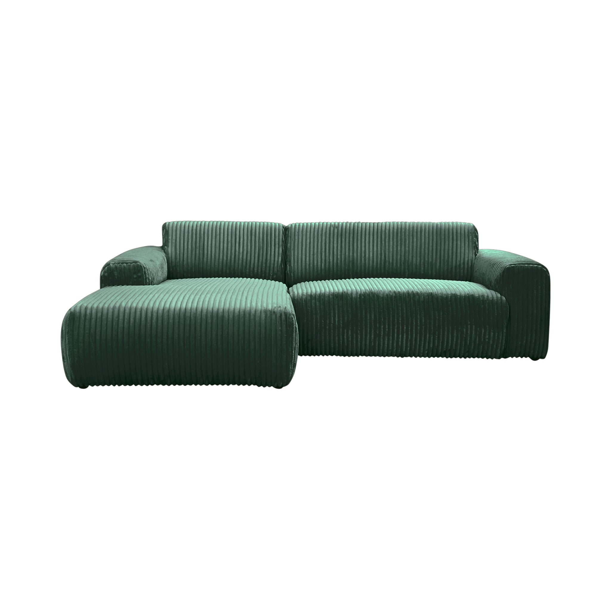Canapé d’angle gauche Bruxelles en tissu gros velours côtelé vert foncé Paname Avenue, vue de face sur fond blanc