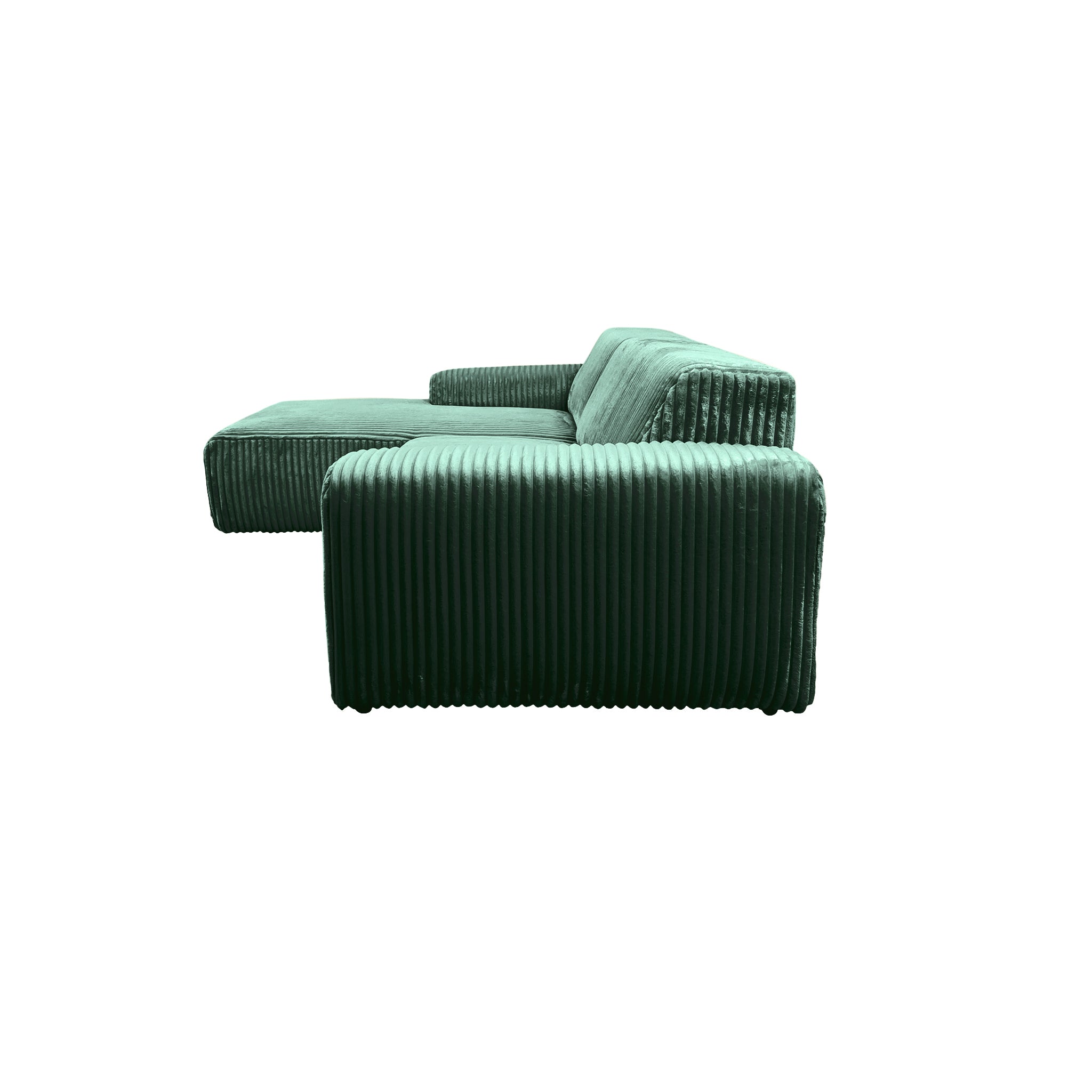 Canapé d’angle gauche Bruxelles en tissu gros velours côtelé vert foncé Paname Avenue, vue de profil sur fond blanc