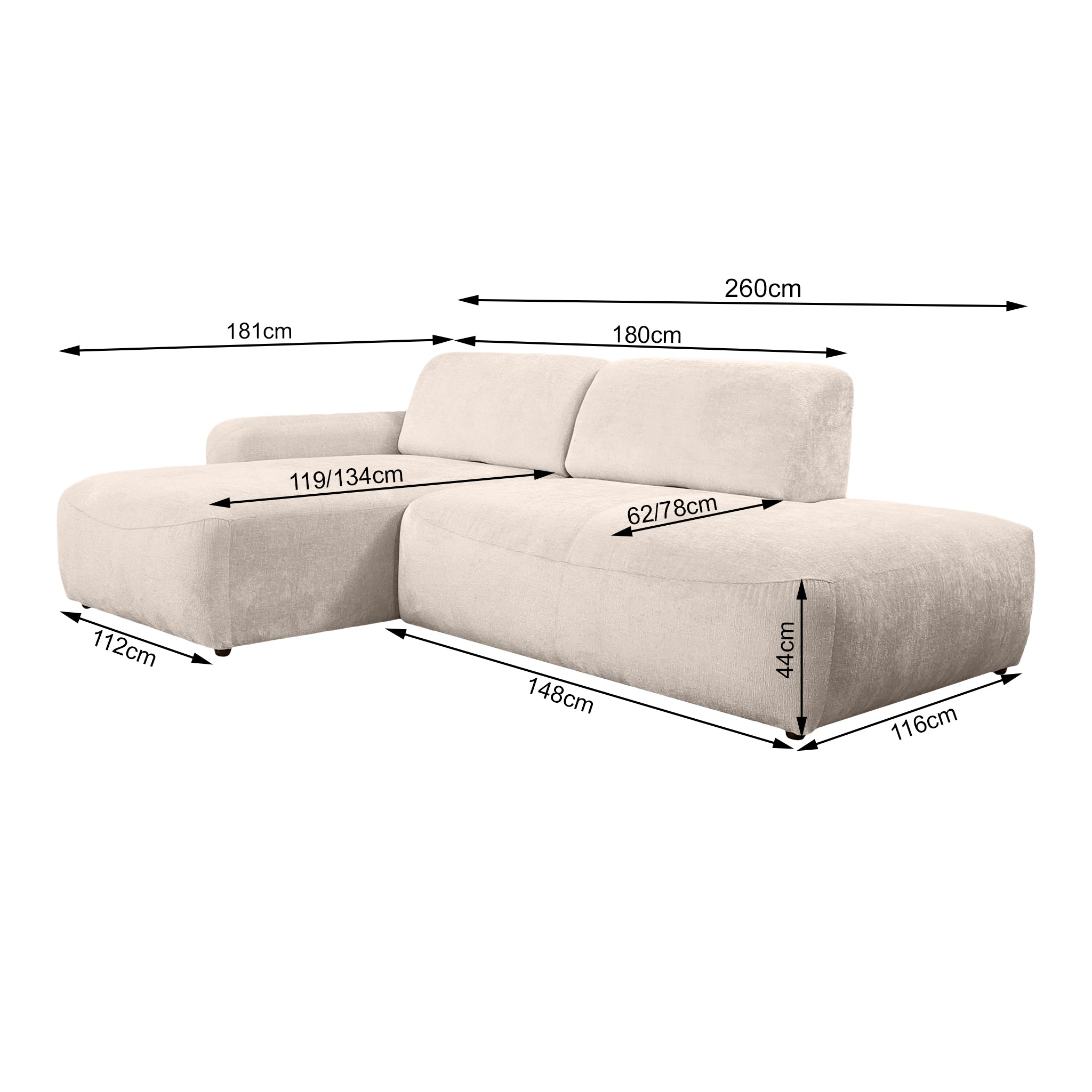 Canapé d’angle gauche Château d'eau en tissu chenille beige Paname Avenue, schéma des dimensions