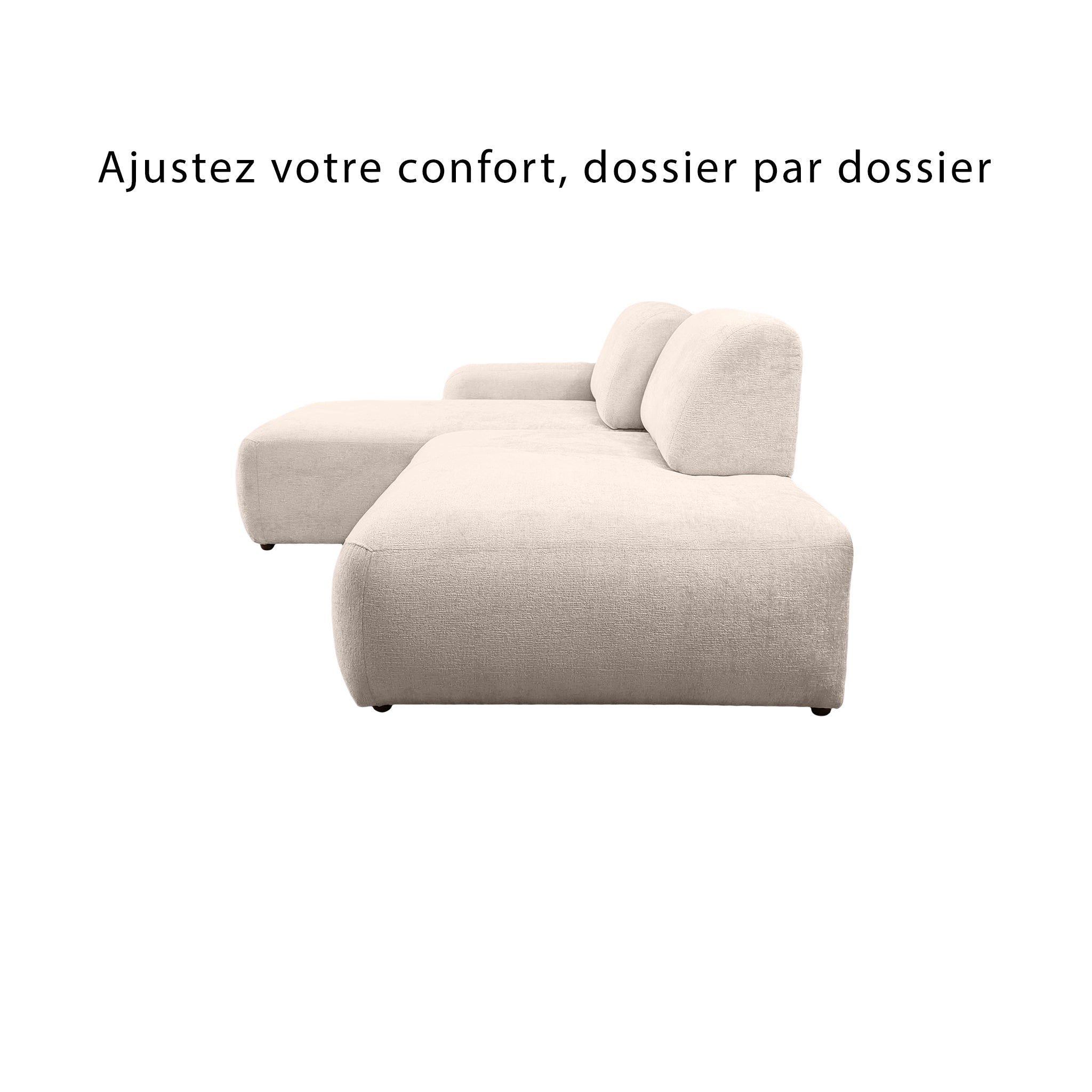 Canapé d’angle gauche Château d'eau en tissu chenille beige Paname Avenue, vue de profil avec dossiers ajustables