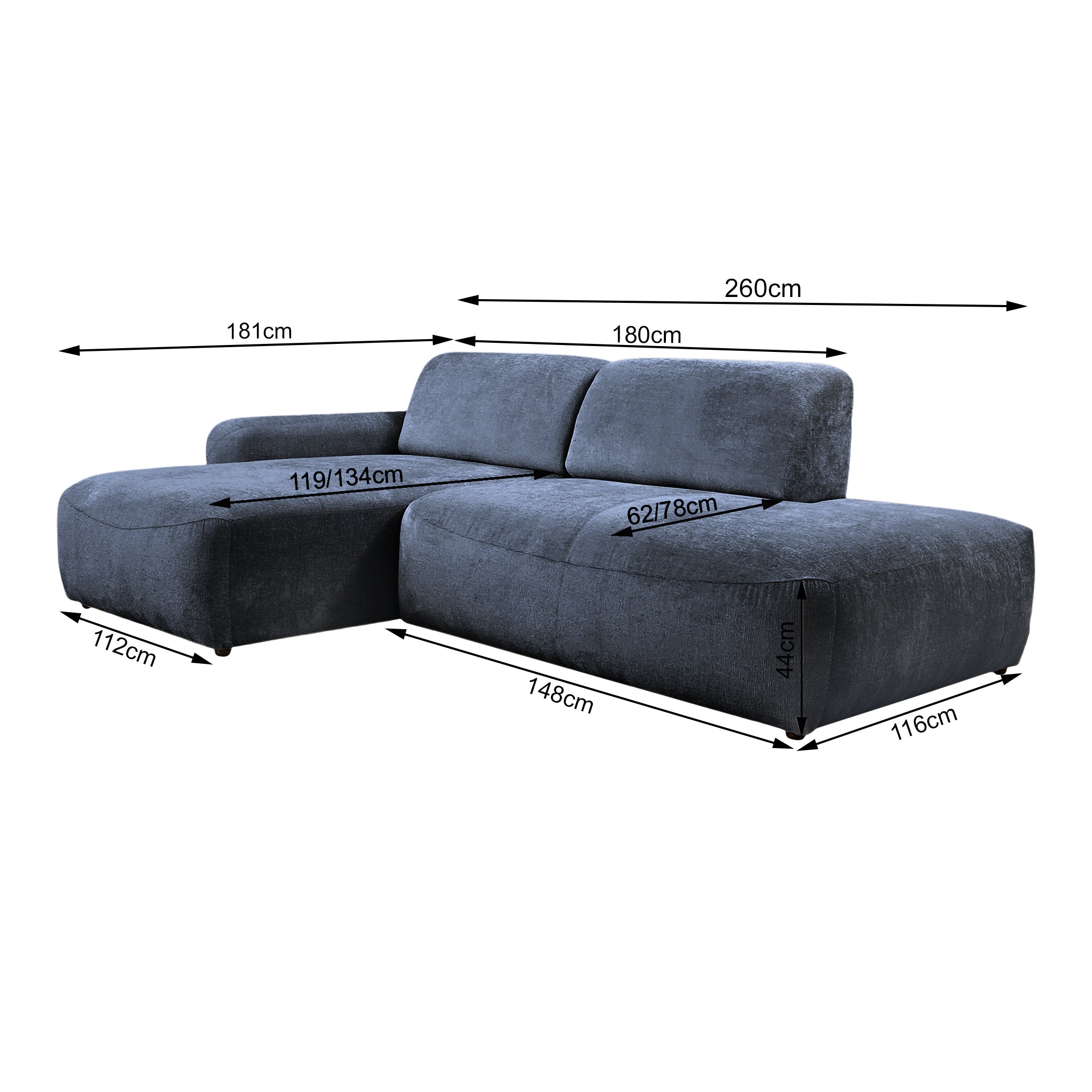 Canapé d’angle gauche Château d'eau en tissu chenille bleu Paname Avenue, schéma des dimensions