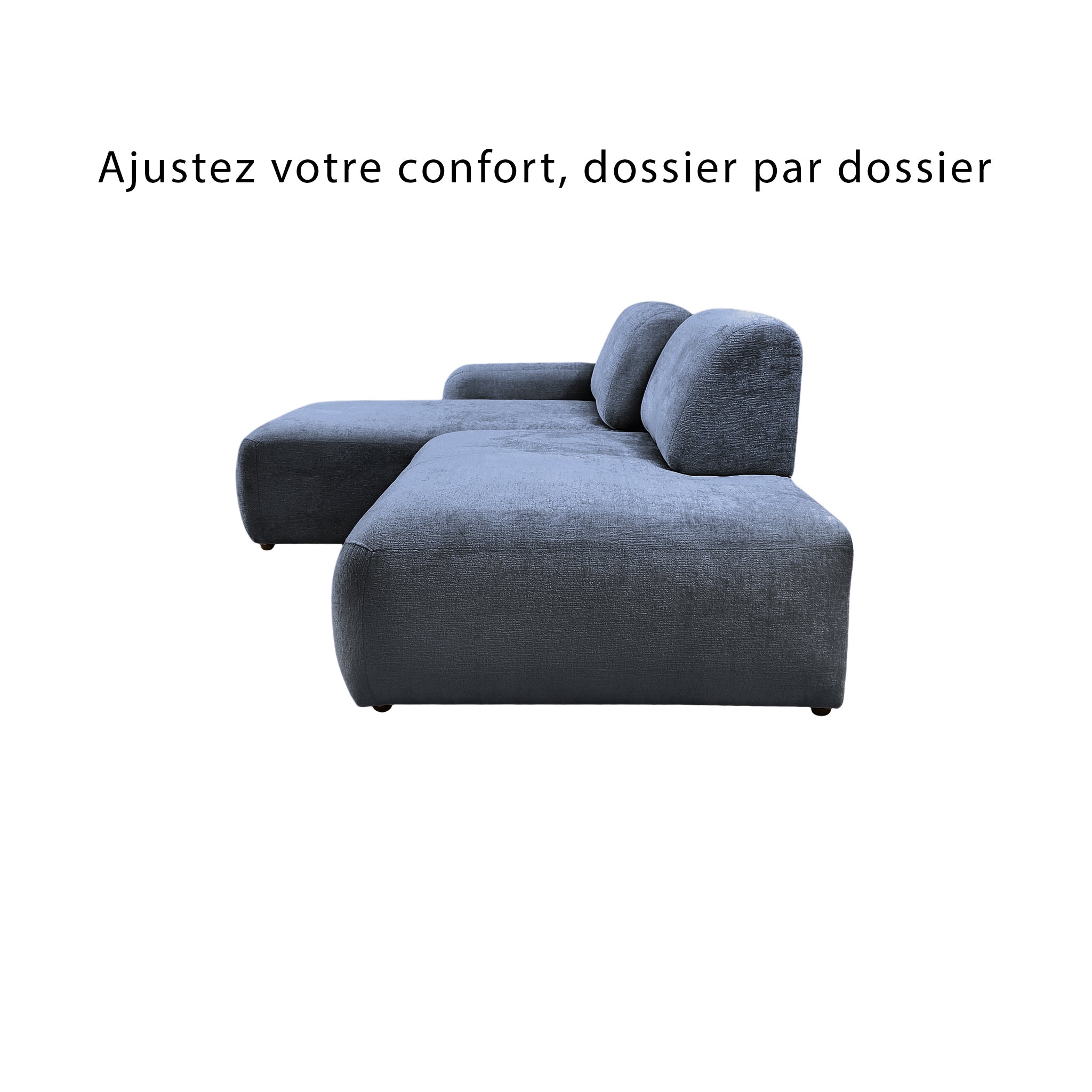 Canapé d’angle gauche Château d'eau en tissu chenille bleu Paname Avenue, vue de profil avec dossiers ajustables