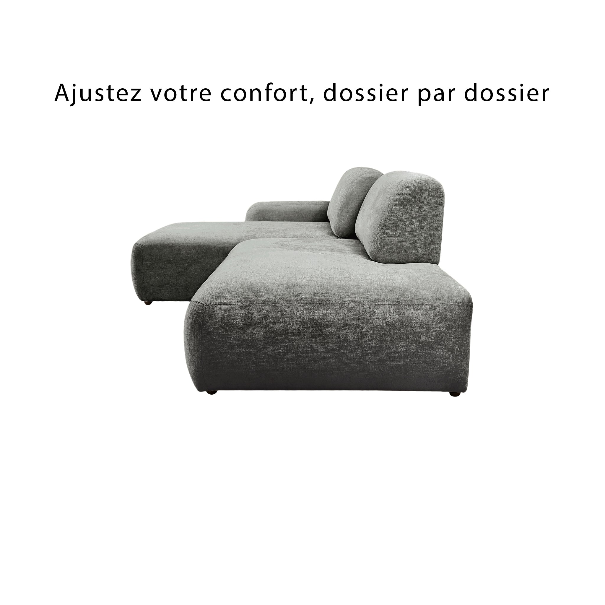 Canapé d’angle gauche Château d'eau en tissu chenille gris Paname Avenue, vue de profil avec dossiers ajustables
