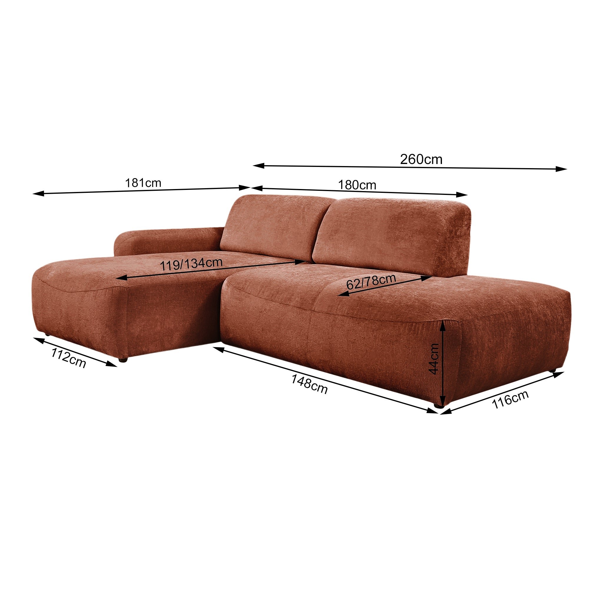 Canapé d’angle gauche Château d'eau en tissu chenille terracotta Paname Avenue, schéma des dimensions