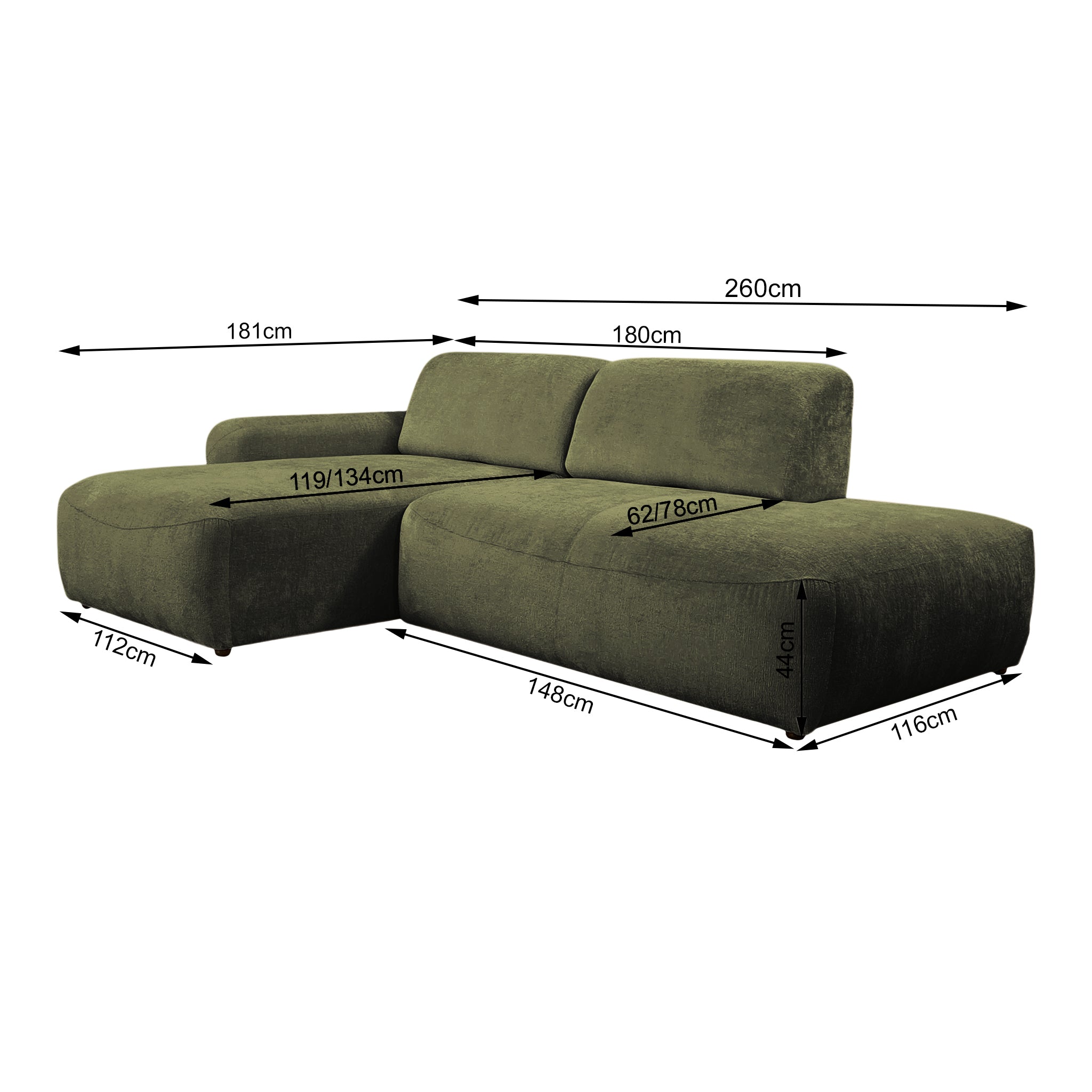 Canapé d’angle gauche Château d'eau en tissu chenille vert olive Paname Avenue, schéma des dimensions