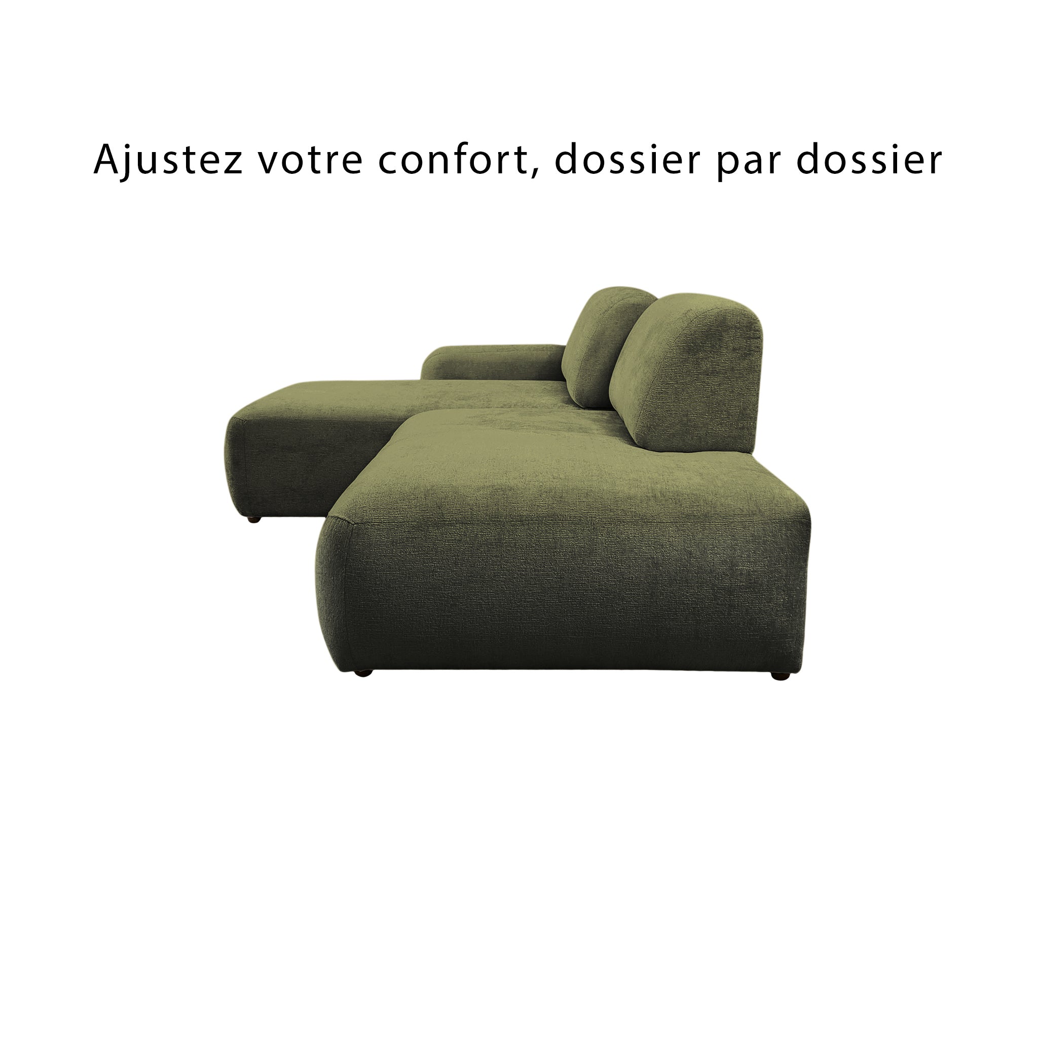 Canapé d’angle gauche Château d'eau en tissu chenille vert olive Paname Avenue, vue de profil avec dossiers ajustable