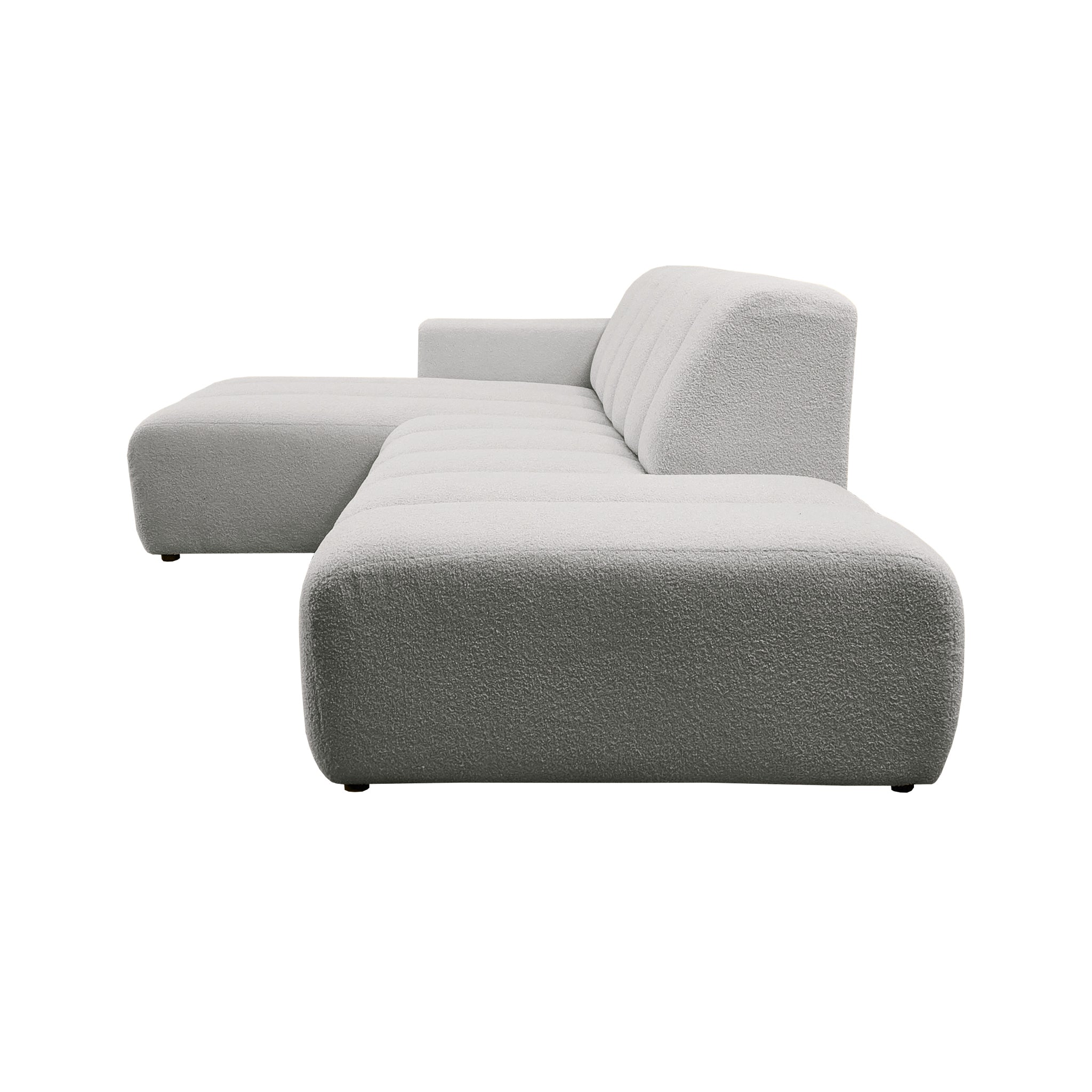 Canapé d’angle gauche Chemin-Vert en tissu bouclette gris clair Paname Avenue, vue de profil sur fond blanc