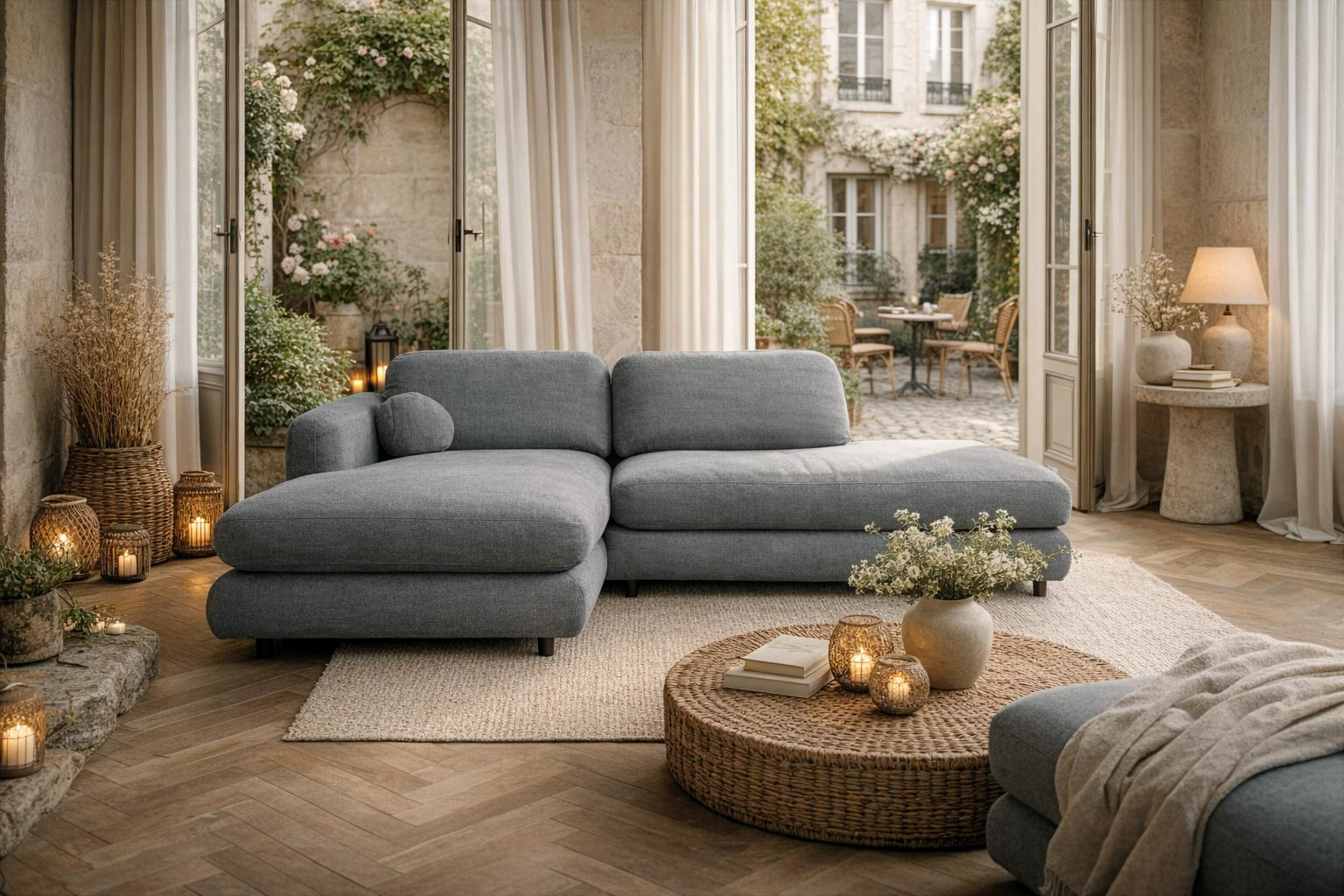 Canapé d’angle gauche Clef Paname Avenue en tissu chenille anthracite dans un salon ouvert sur cour avec parquet, table basse en fibres naturelles et ambiance chaleureuse et cosy