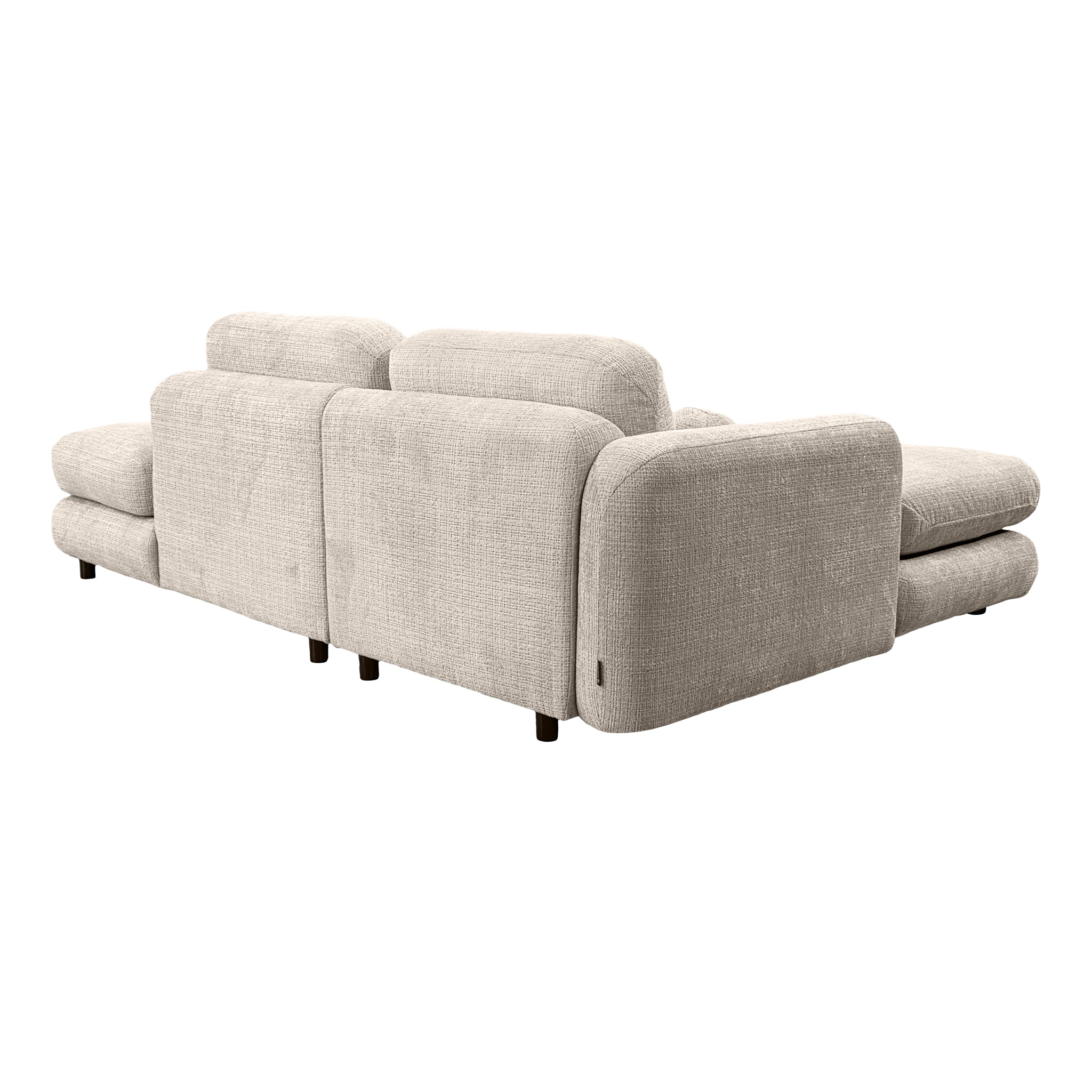 Canapé d’angle gauche Clef en tissu chenille beige Paname Avenue, vue trois-quarts de dos sur fond blanc