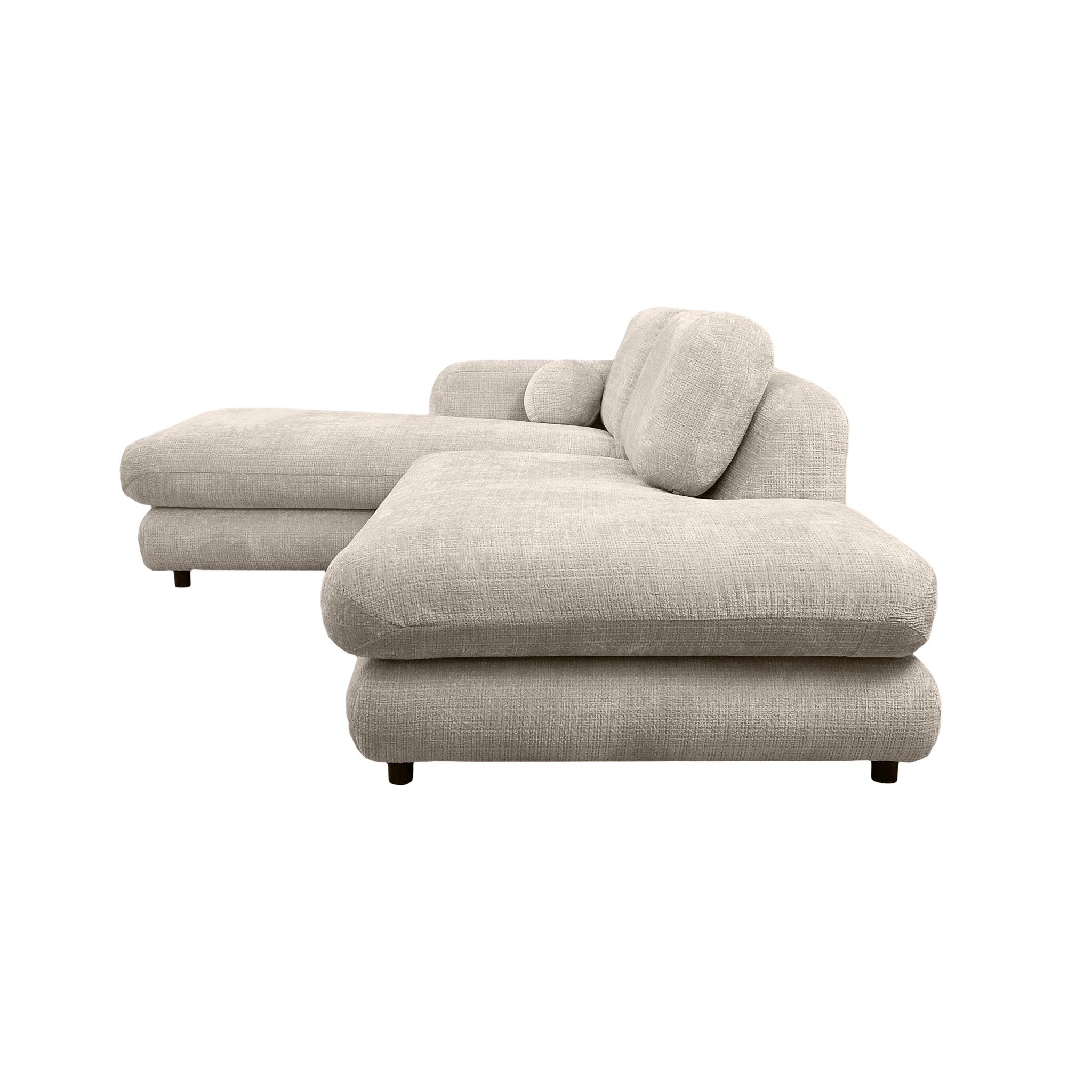 Canapé d’angle gauche Clef en tissu chenille beige Paname Avenue, vue de profil sur fond blanc