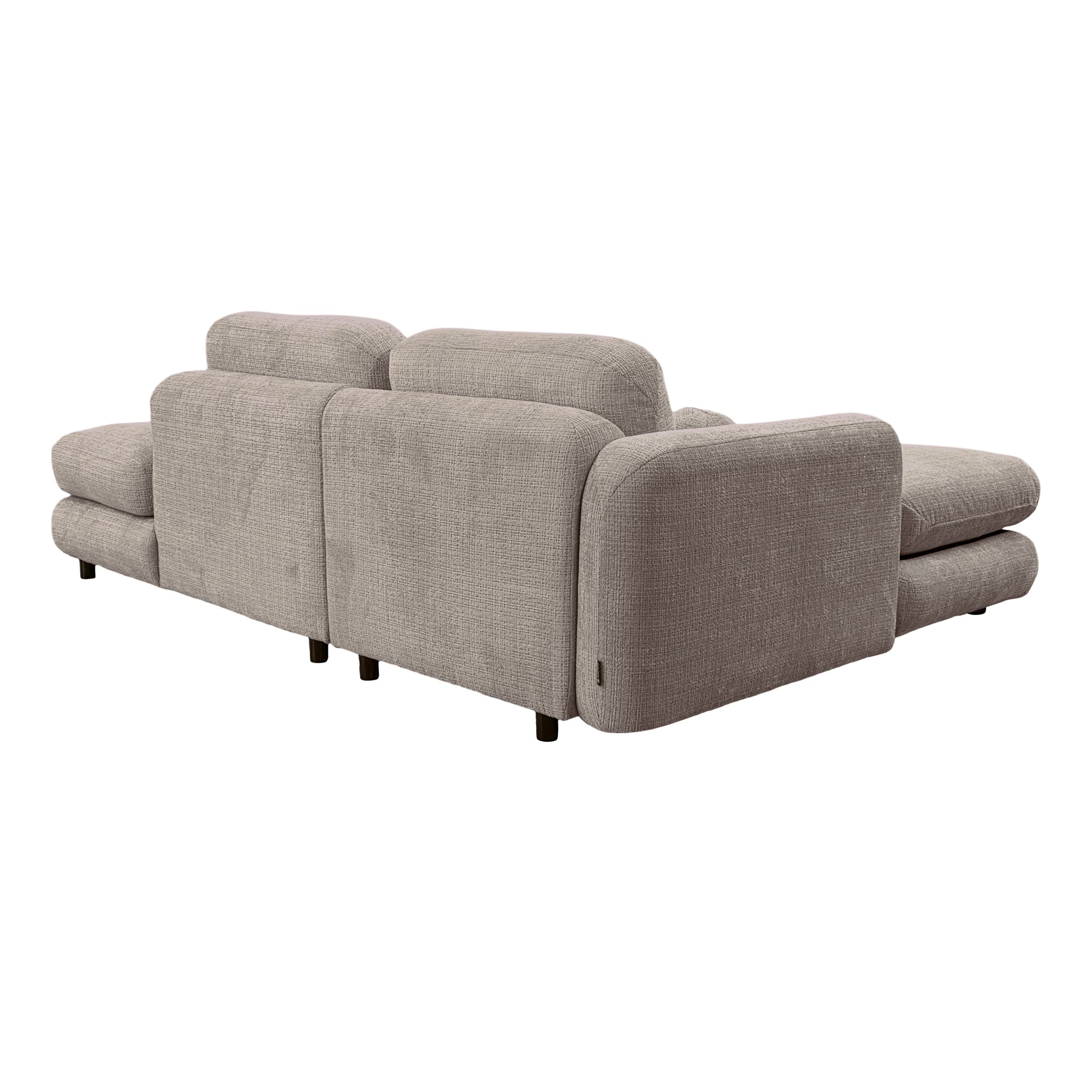 Canapé d’angle gauche Clef en tissu chenille taupe Paname Avenue, vue trois-quarts de dos sur fond blanc