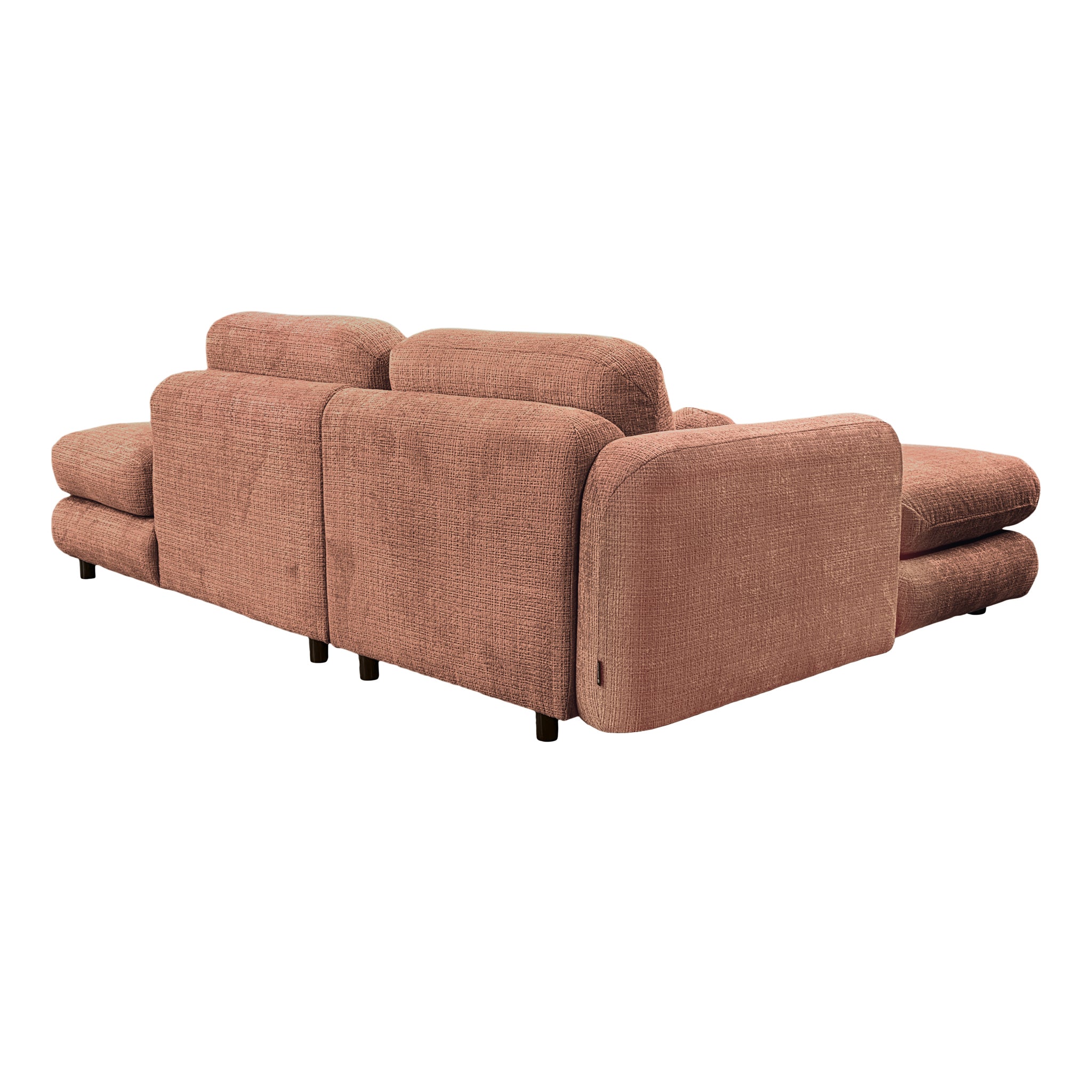 Canapé d’angle gauche Clef en tissu chenille terracotta Paname Avenue, vue trois-quarts de dos sur fond blanc