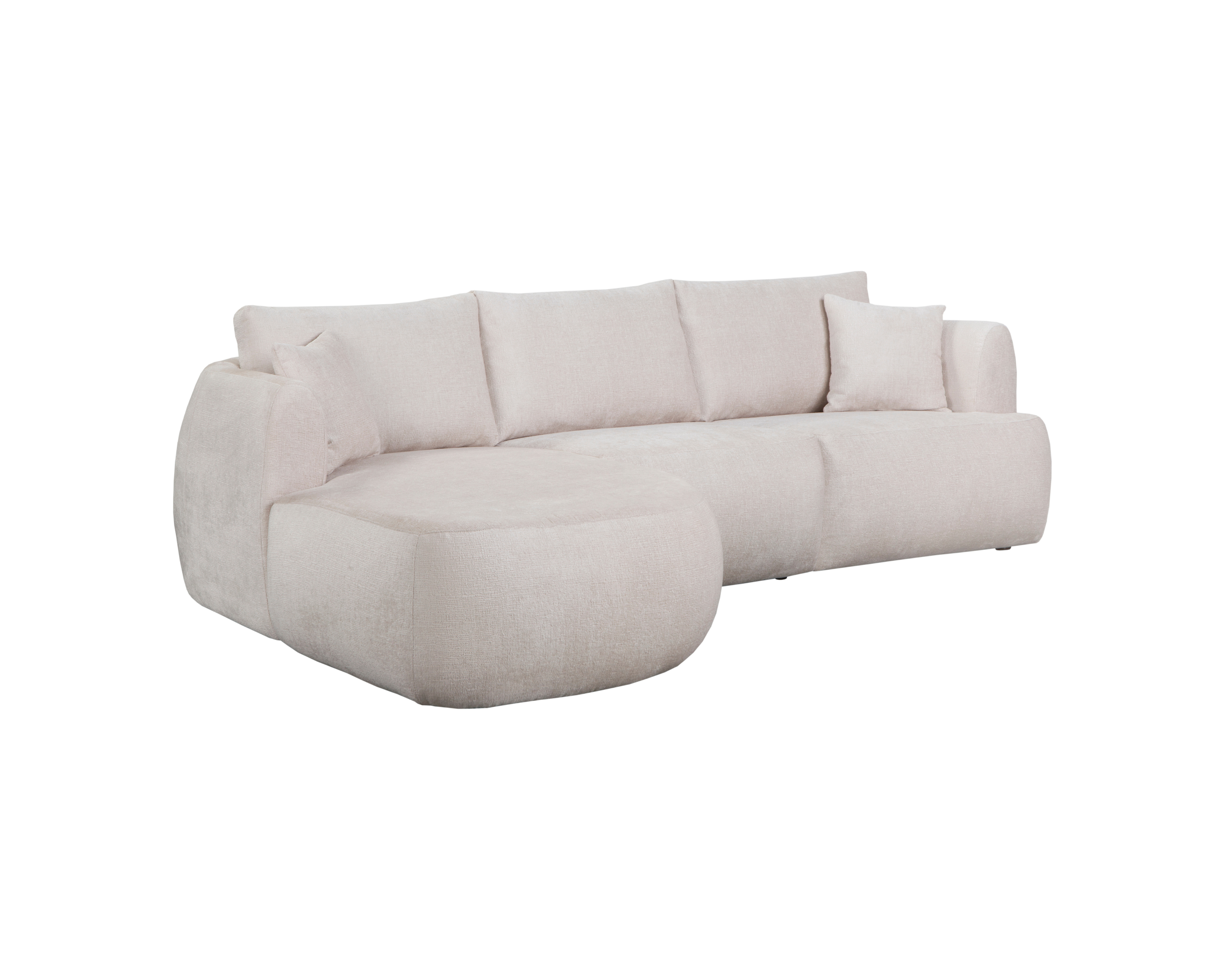 Canapé d’angle gauche Lepic en tissu chenille beige Paname Avenue, vue trois-quarts sur fond blanc