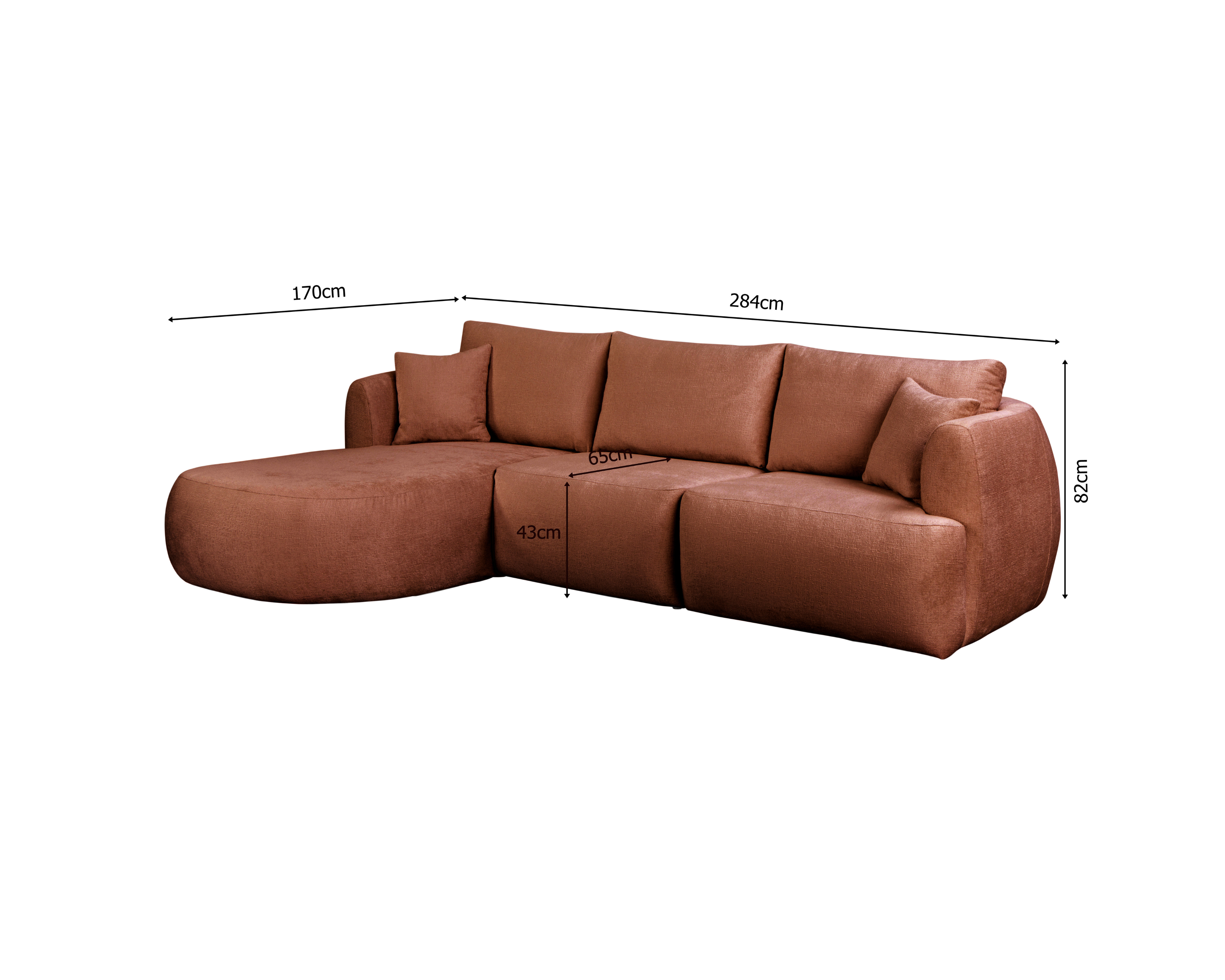 Canapé d’angle gauche Lepic en tissu chenille terracotta Paname Avenue, schéma des dimensions
