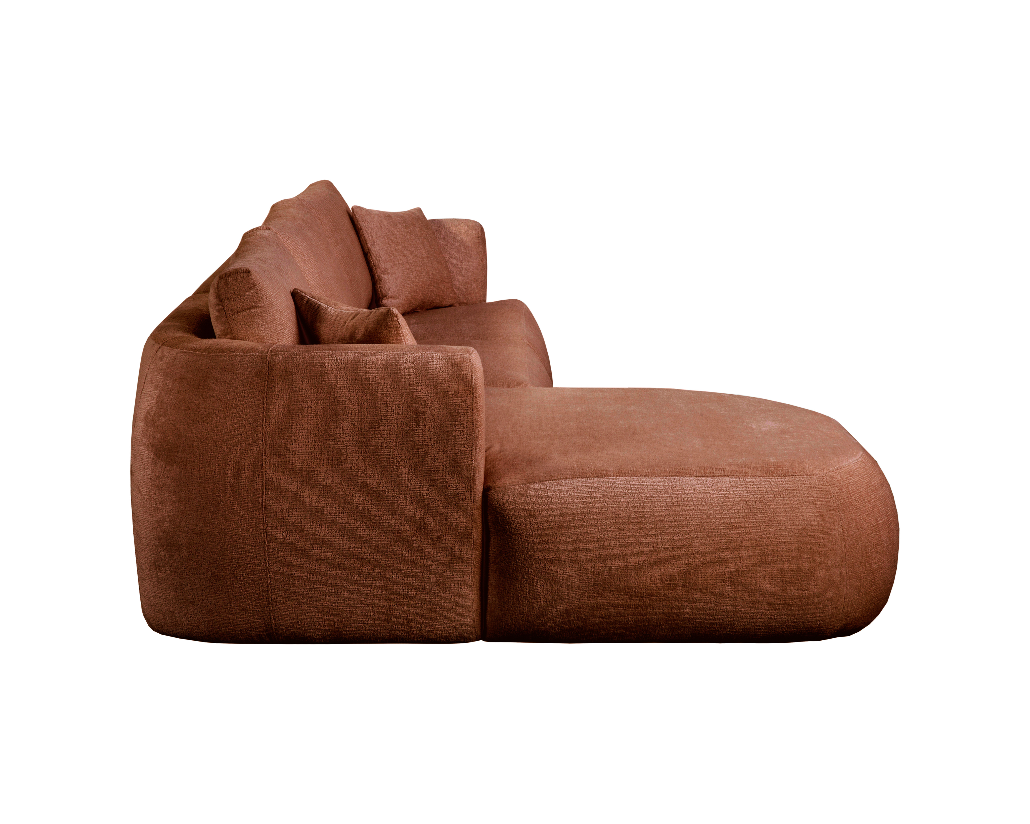 Canapé d’angle gauche Lepic en tissu chenille terracotta Paname Avenue, vue de profil avec méridienne