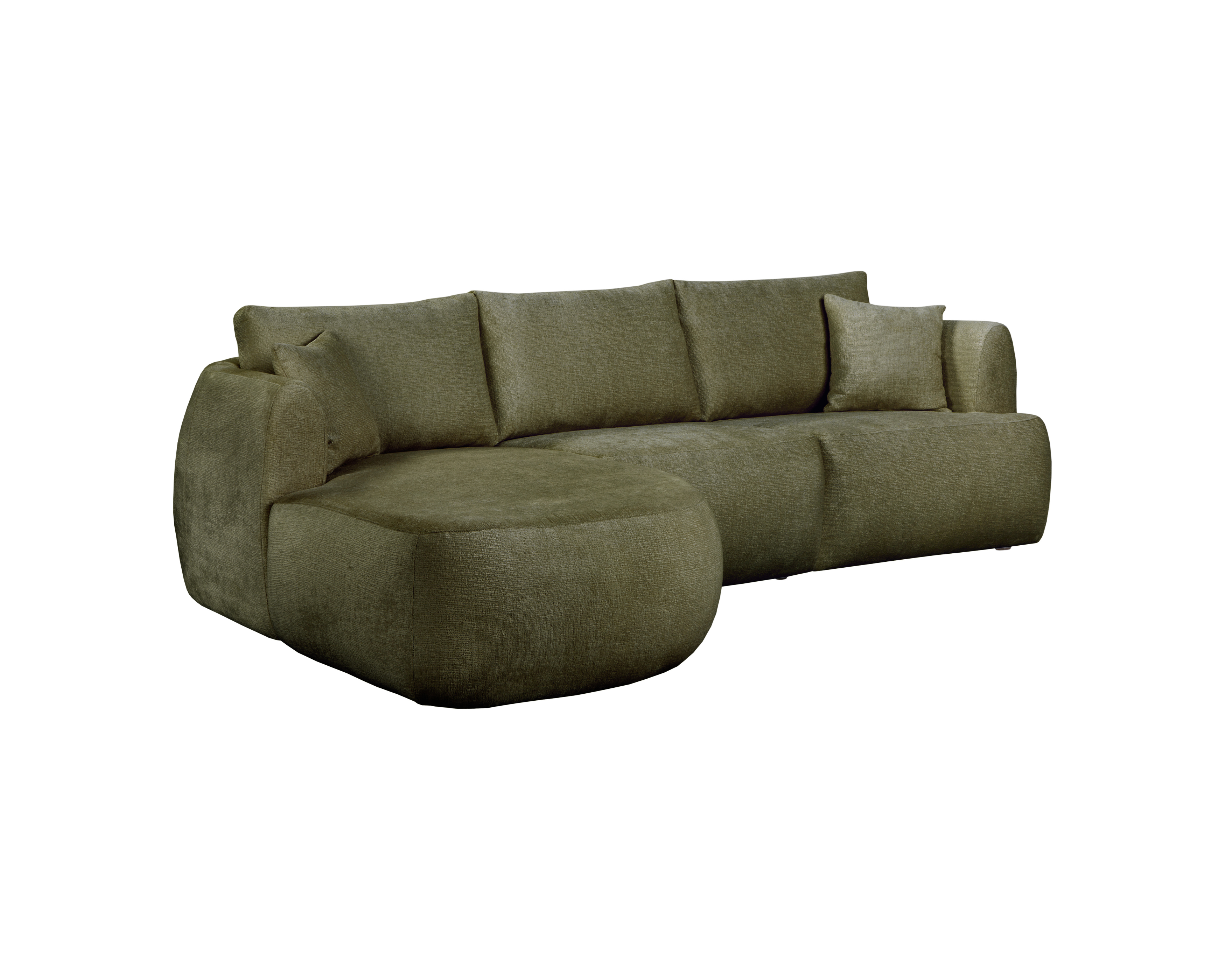 Canapé d’angle gauche Lepic en tissu chenille vert olive Paname Avenue, vue trois-quarts sur fond blanc