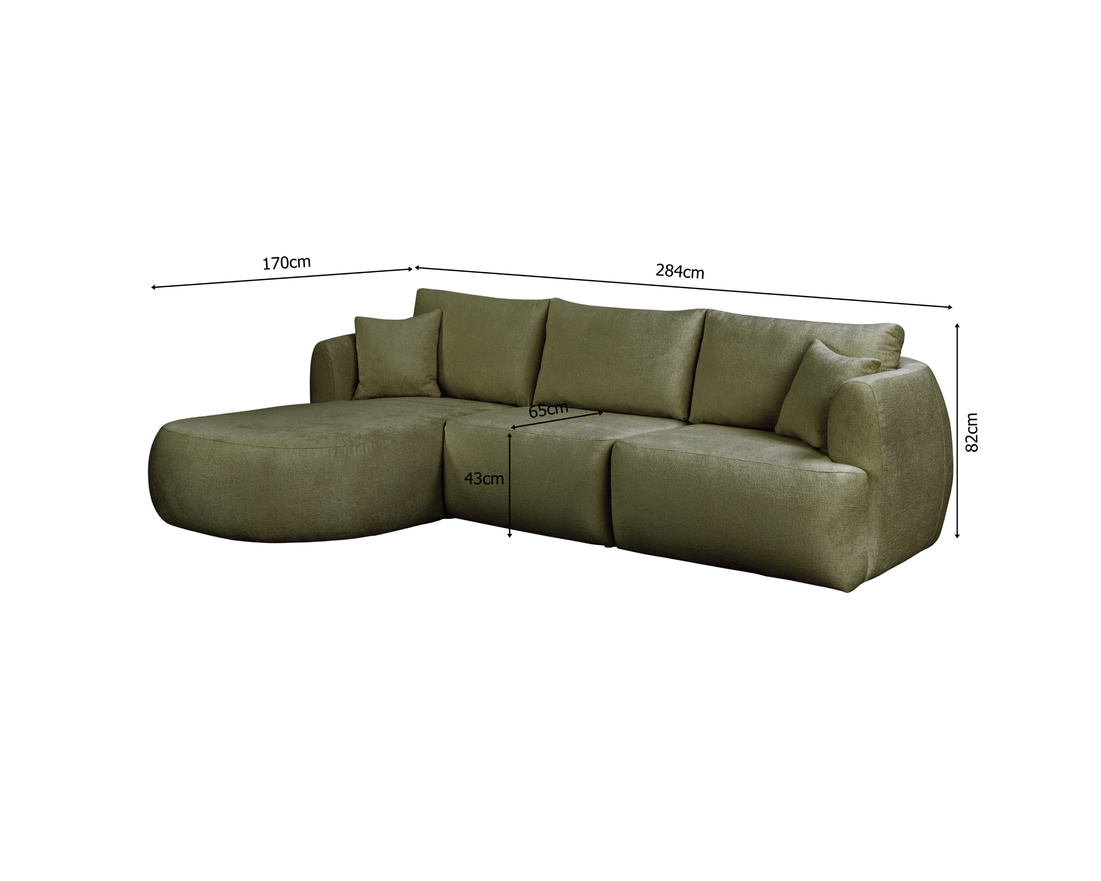 Canapé d’angle gauche Lepic en tissu chenille vert olive Paname Avenue, schéma des dimensions
