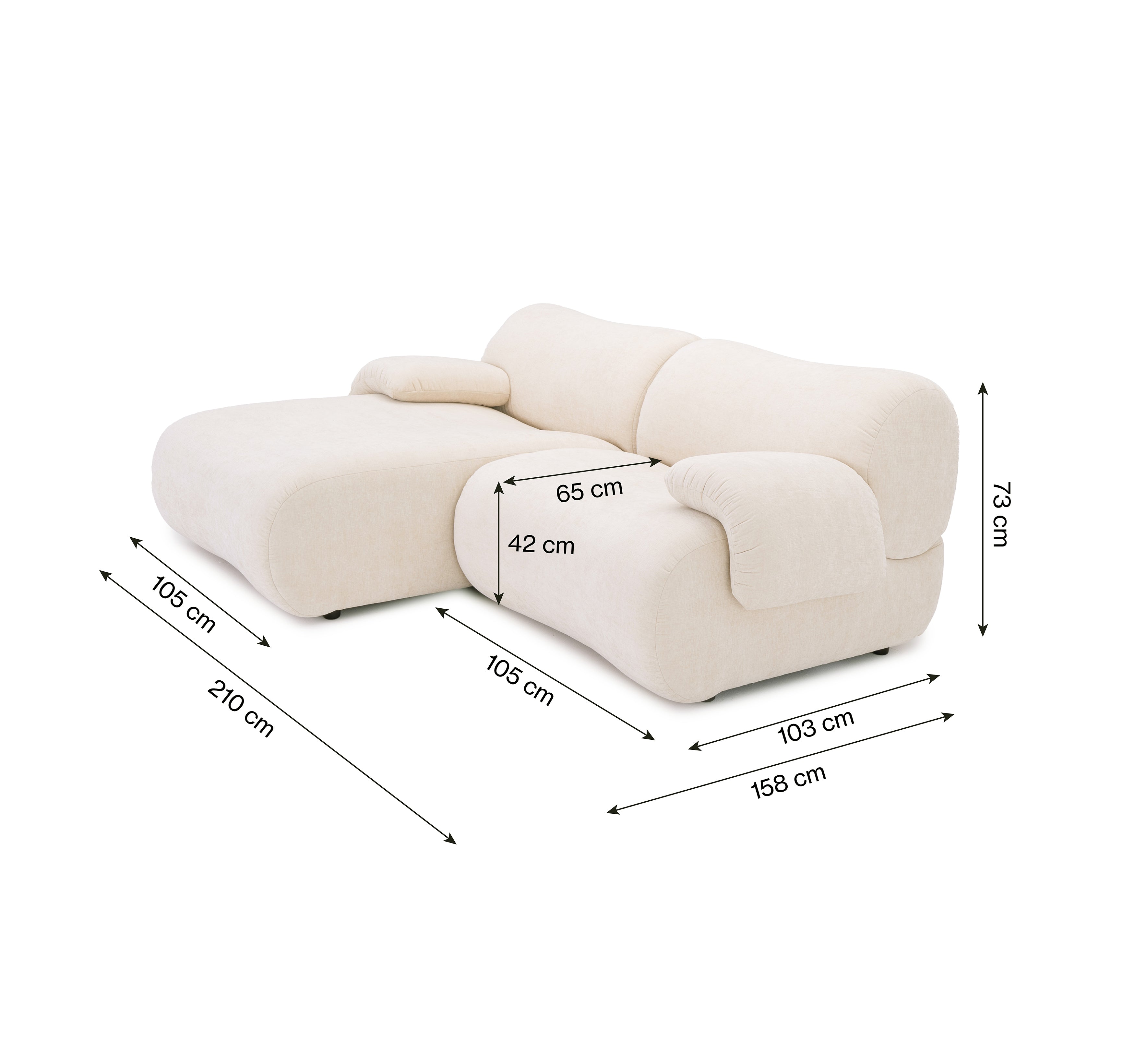 Canapé d’angle gauche Pot-de-Fer en tissu chenille beige Paname Avenue, schéma des dimensions