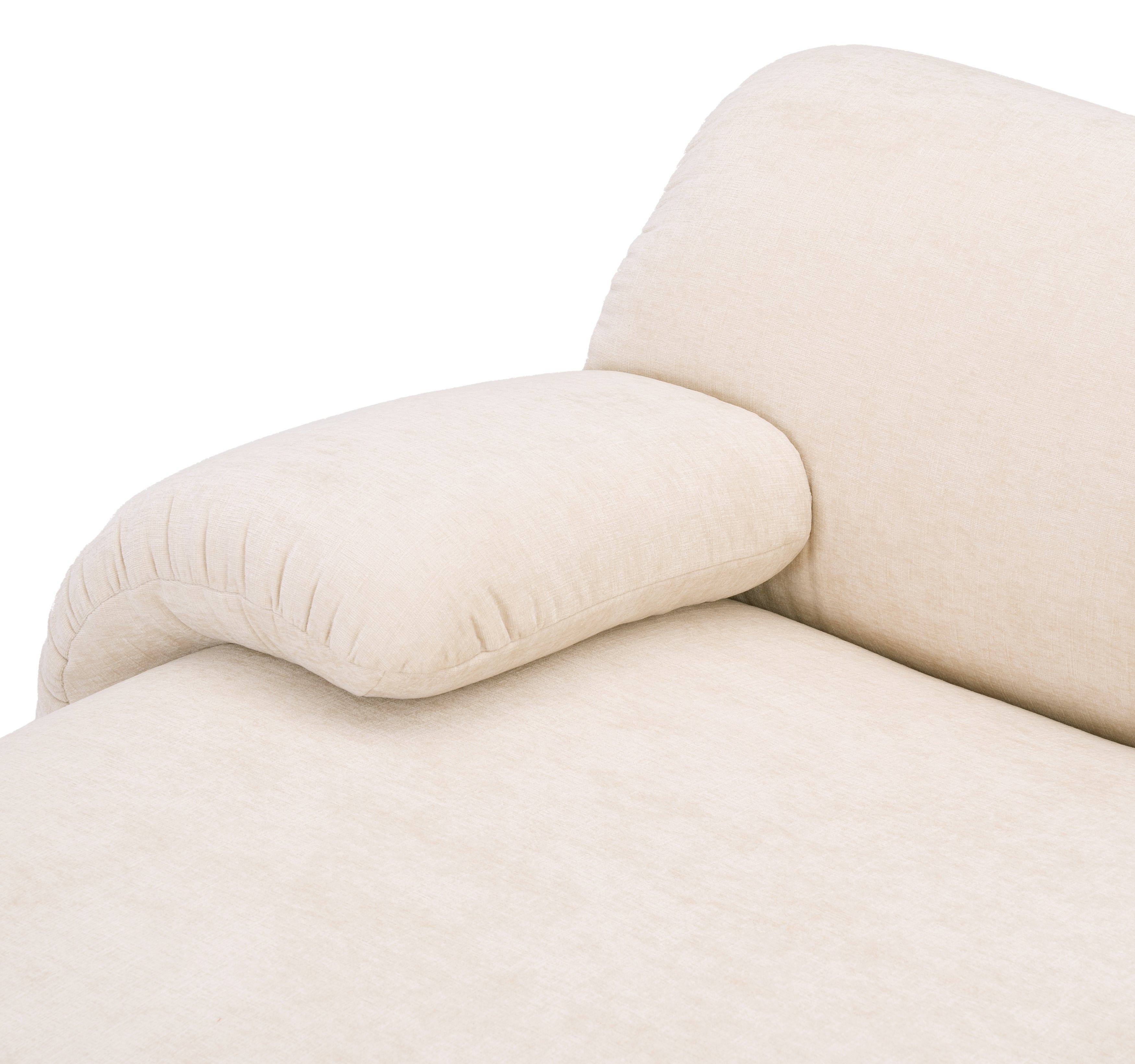 Canapé d’angle gauche Pot-de-Fer en tissu chenille beige Paname Avenue, zoom sur l’accoudoir