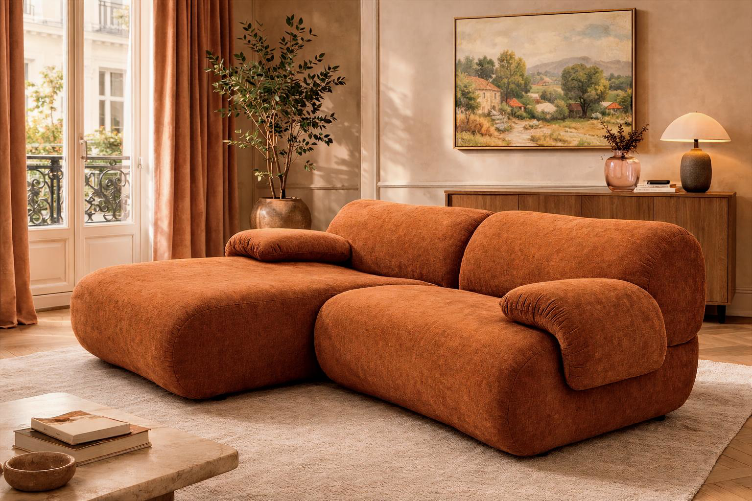 Canapé d’angle gauche Pot de Fer Paname Avenue en tissu chenille terracotta dans un salon chaleureux avec parquet, mobilier en bois, lampe d’ambiance et décoration naturelle élégante