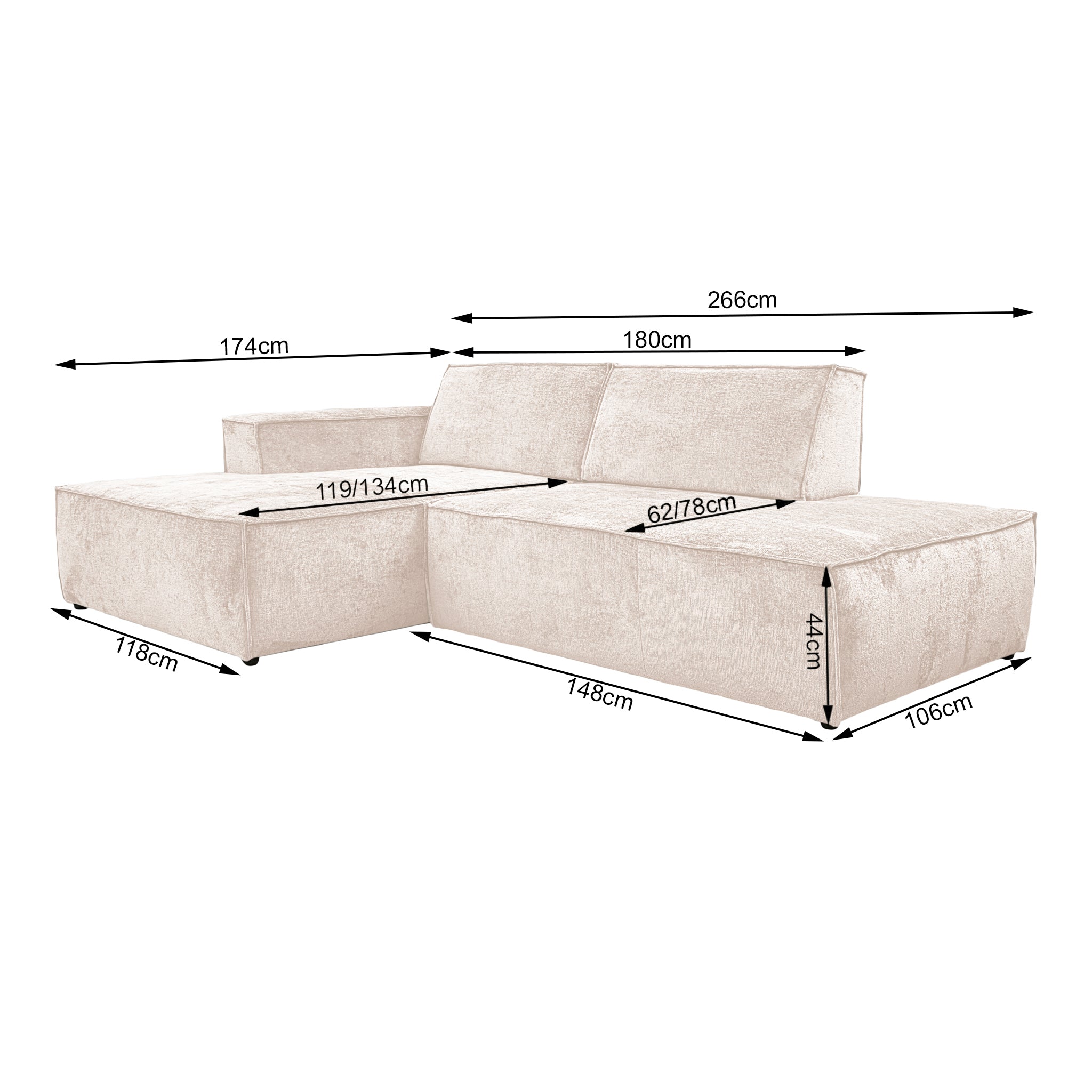 Canapé d’angle gauche Prévôt en tissu chenille beige Paname Avenue, schéma des dimensions